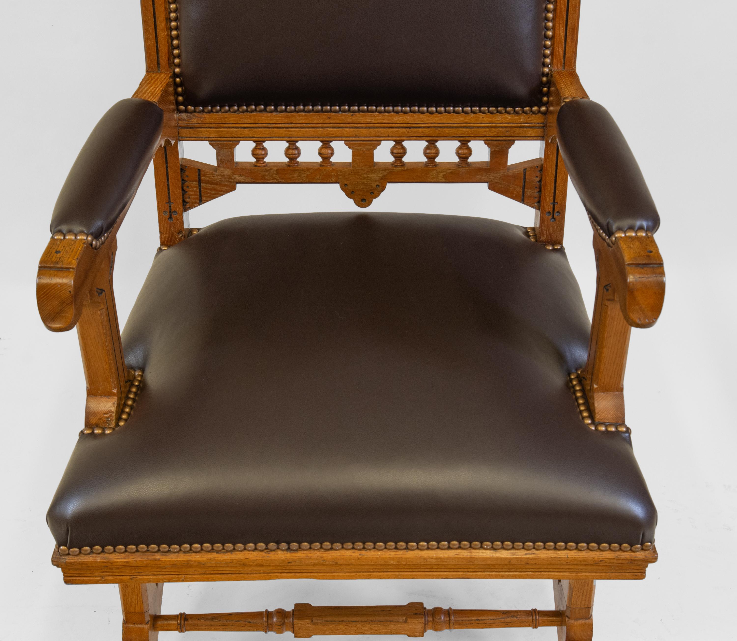 Antique Gothic Revival Ash & Leather Armchair Desk Chair Circa 1880 For Sale 1
