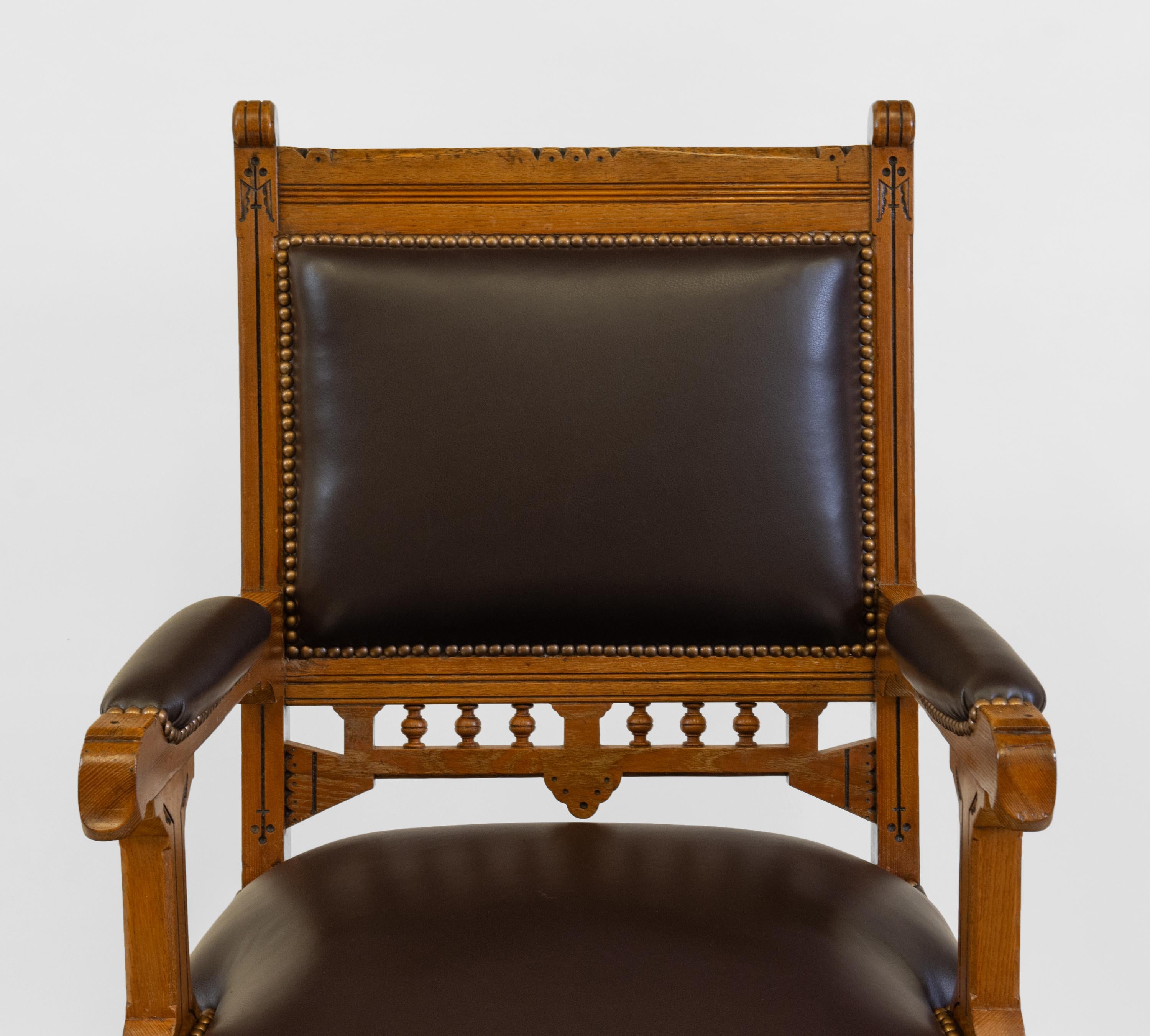 Antique Gothic Revival Ash & Leather Armchair Desk Chair Circa 1880 For Sale 2