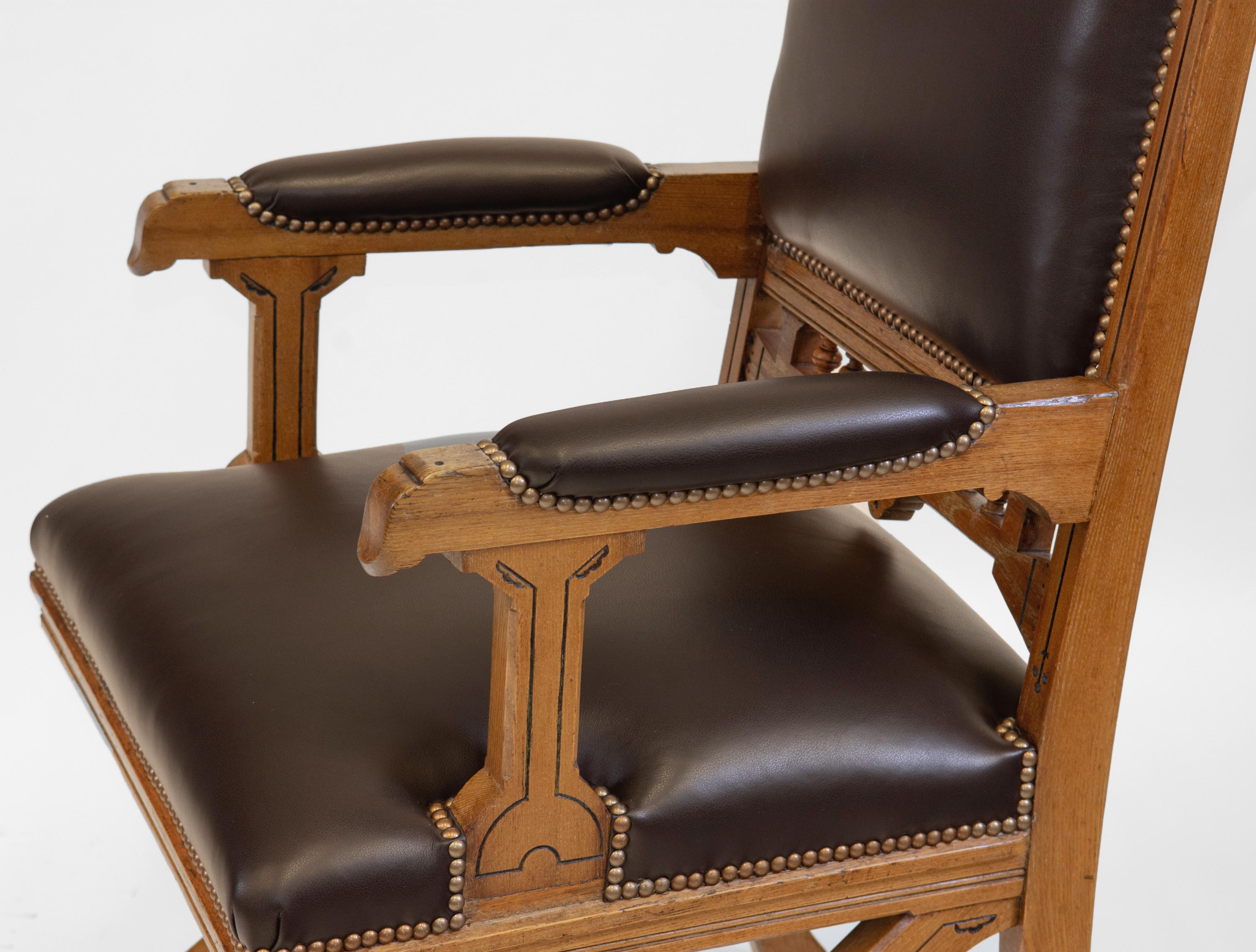 Antique Gothic Revival Ash & Leather Armchair Desk Chair Circa 1880 For Sale 3