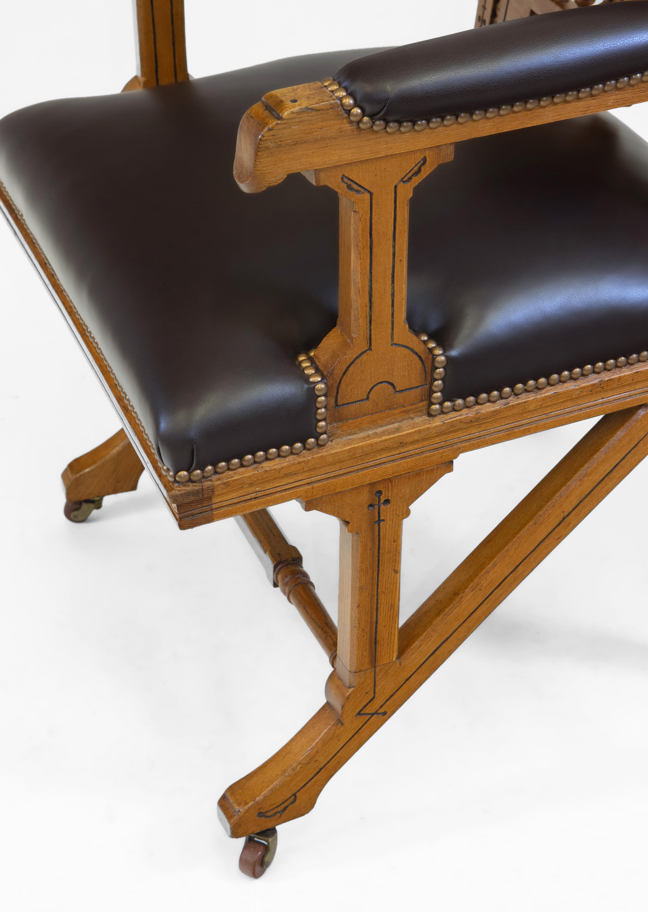 Antique Gothic Revival Ash & Leather Armchair Desk Chair Circa 1880 For Sale 4