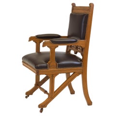 Antique Gothic Revival Ash & Leather Armchair Desk Chair Circa 1880