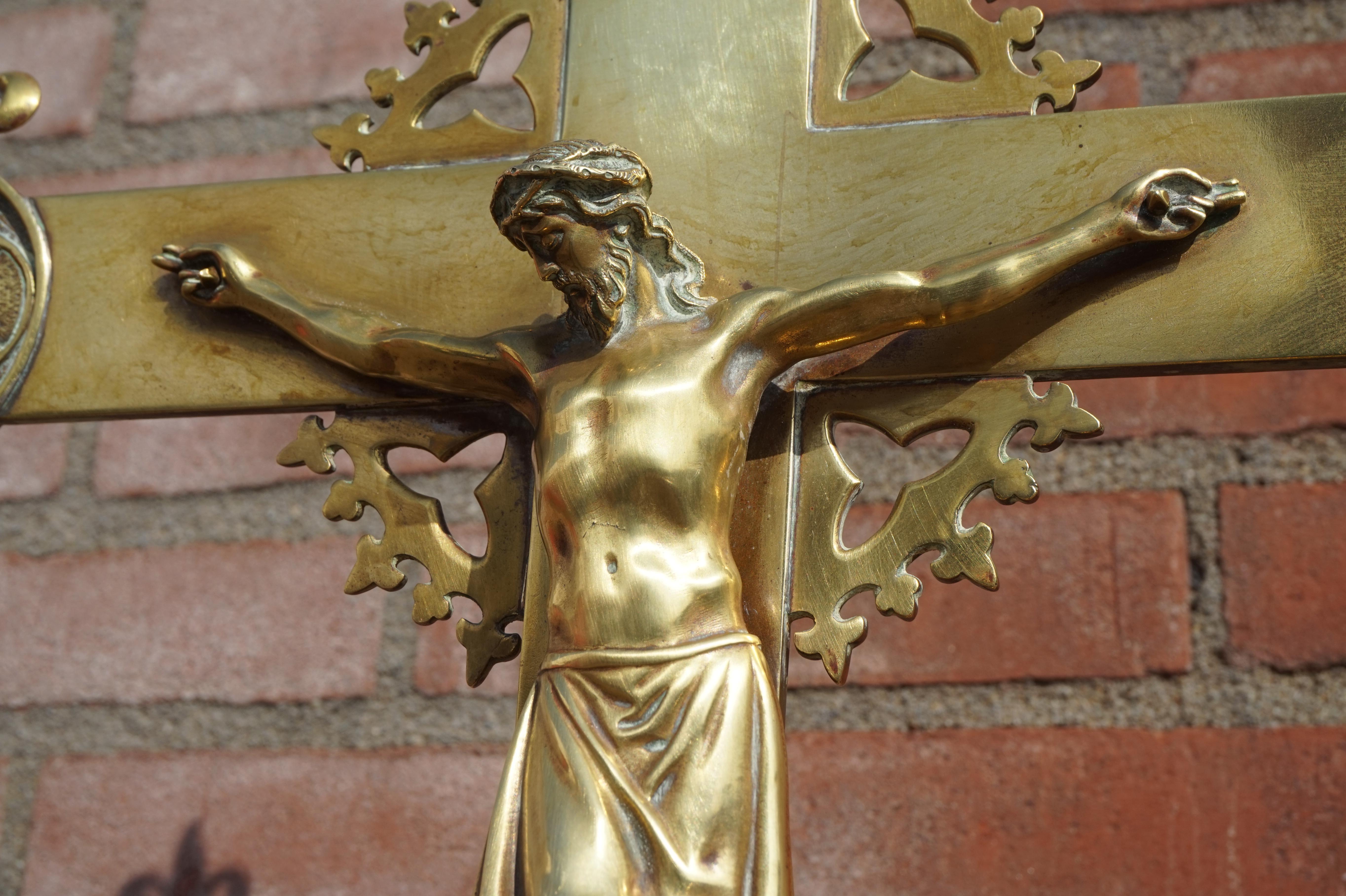 Antique Gothic Revival Brass Crucifix w. Bronze Corpus & Matching Candle Sticks 3