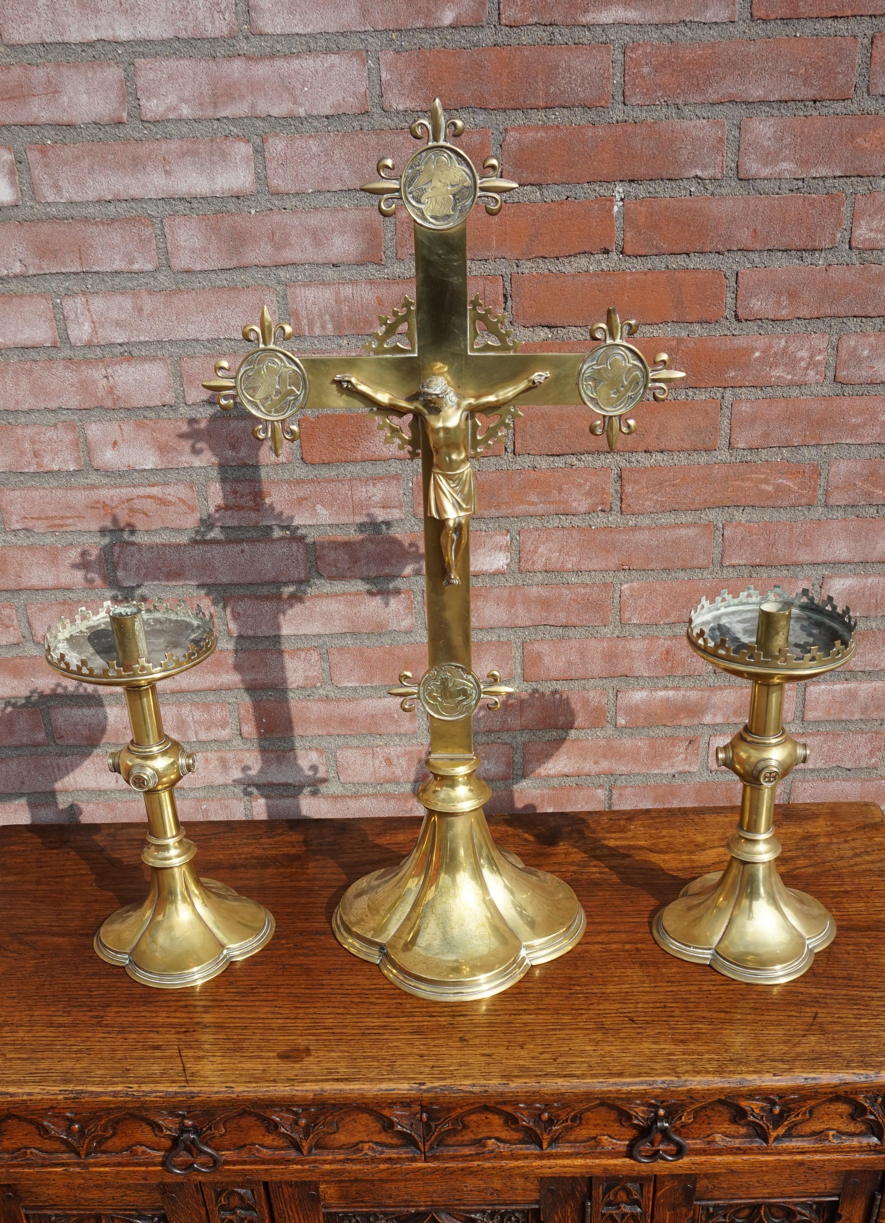 Antique Gothic Revival Brass Crucifix w. Bronze Corpus & Matching Candle Sticks 4