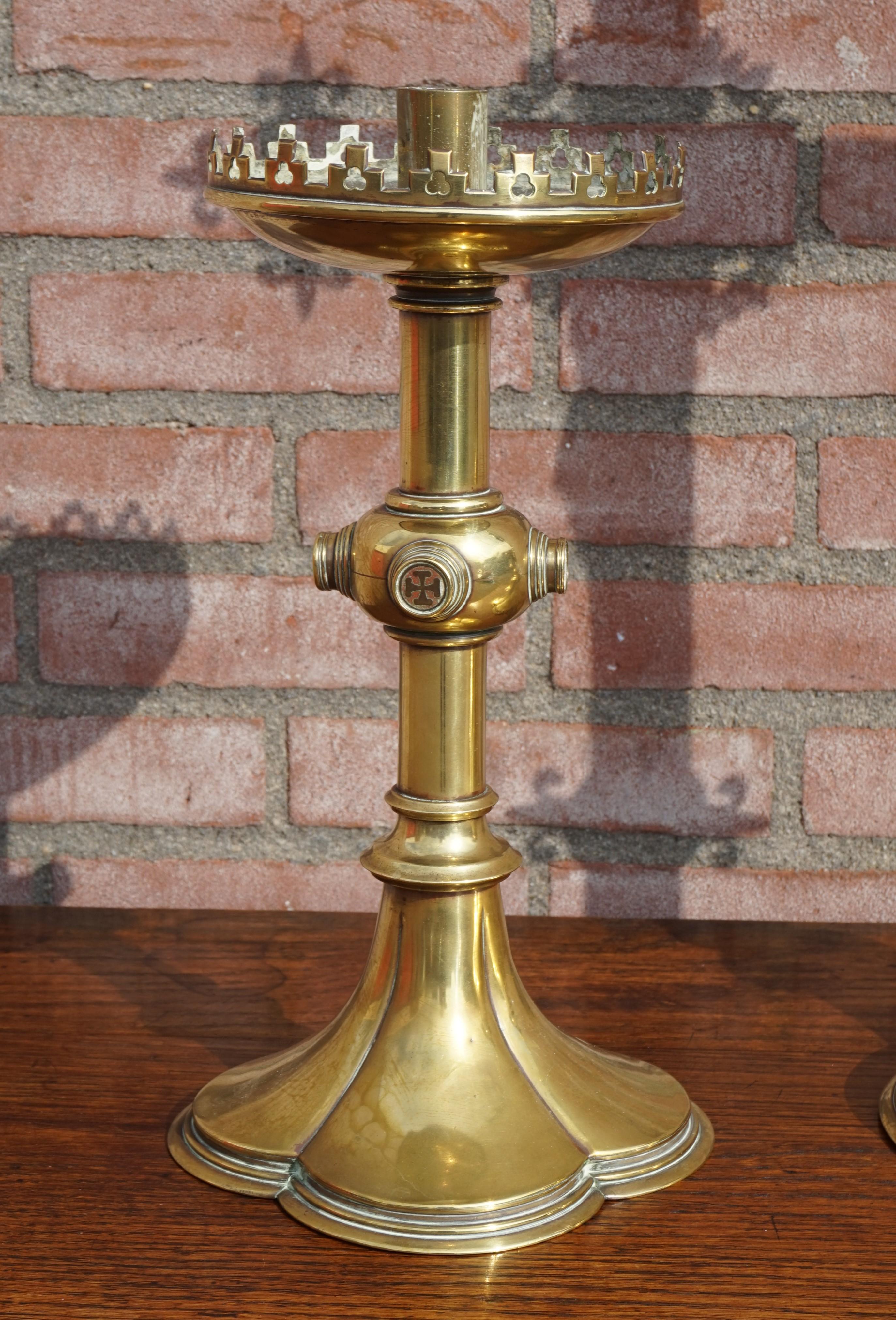 Antique Gothic Revival Brass Crucifix w. Bronze Corpus & Matching Candle Sticks 5