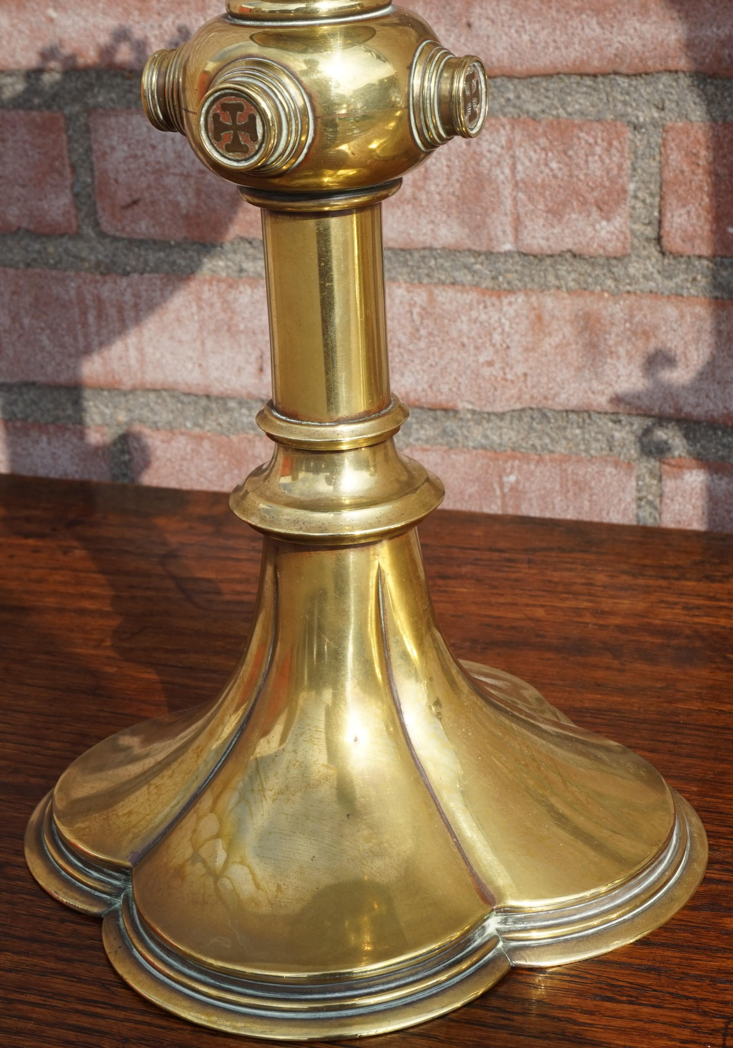 Antique Gothic Revival Brass Crucifix w. Bronze Corpus & Matching Candle Sticks 7