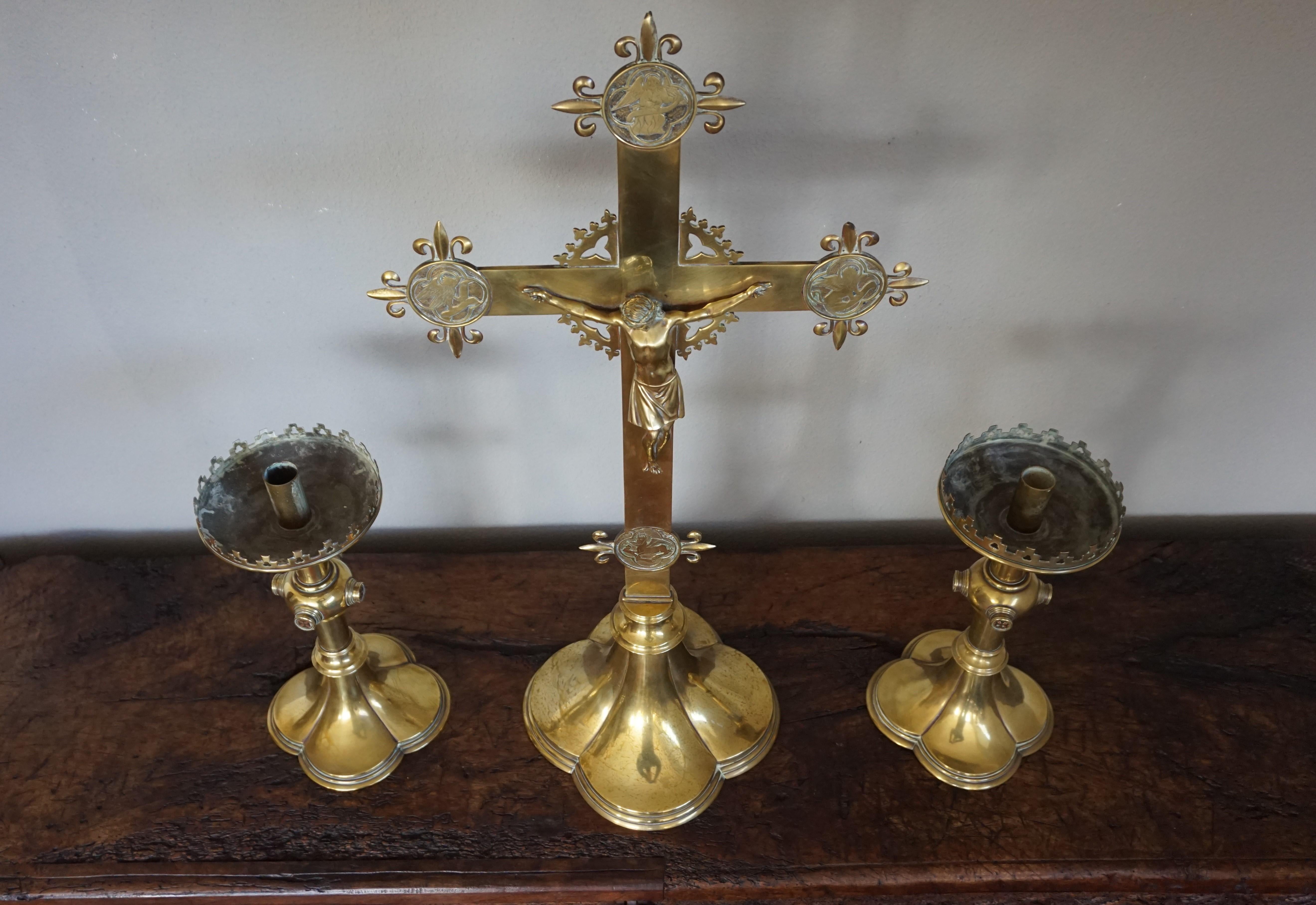 Antique Gothic Revival Brass Crucifix w. Bronze Corpus & Matching Candle Sticks 8