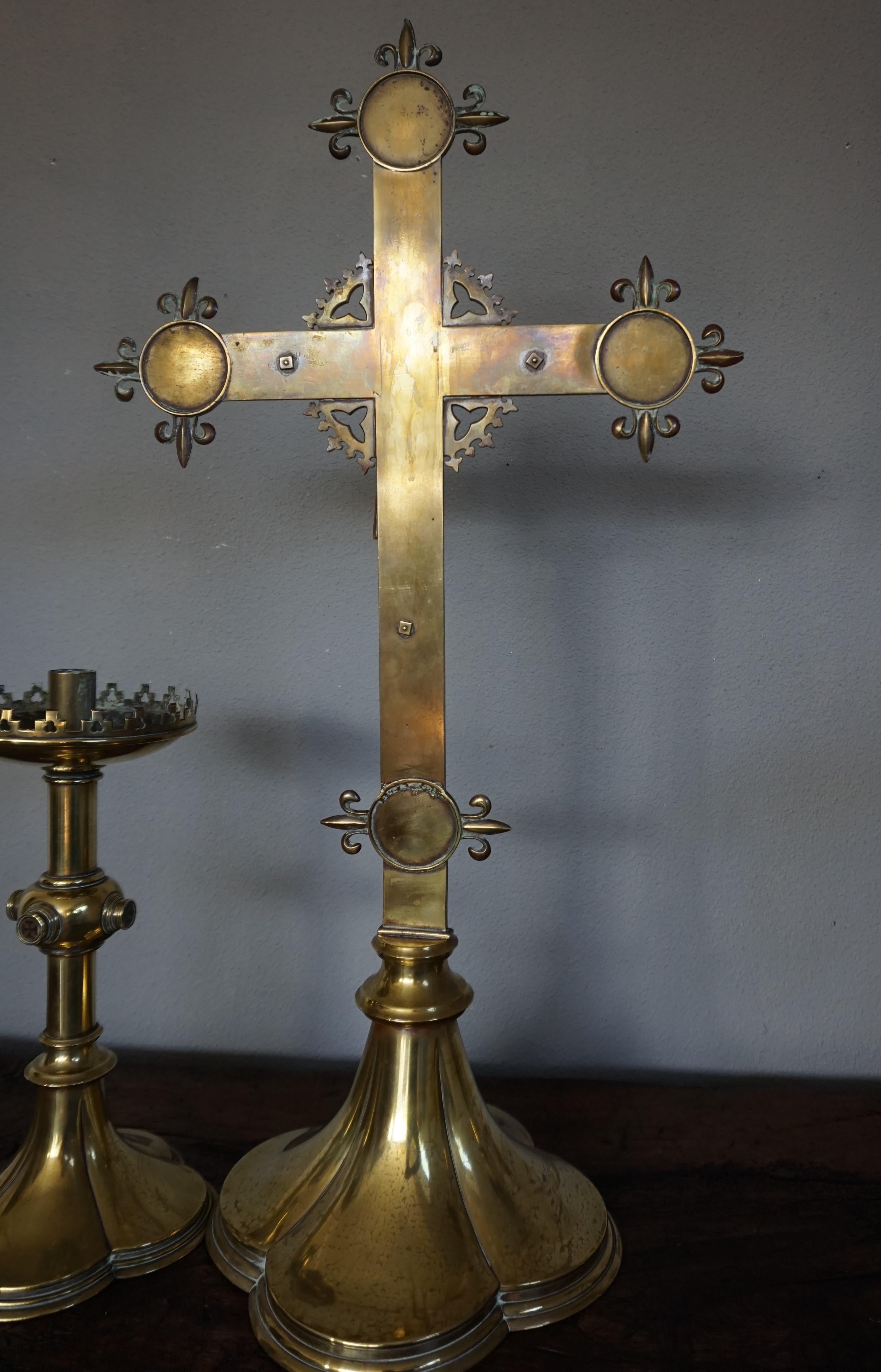 Antique Gothic Revival Brass Crucifix w. Bronze Corpus & Matching Candle Sticks 9