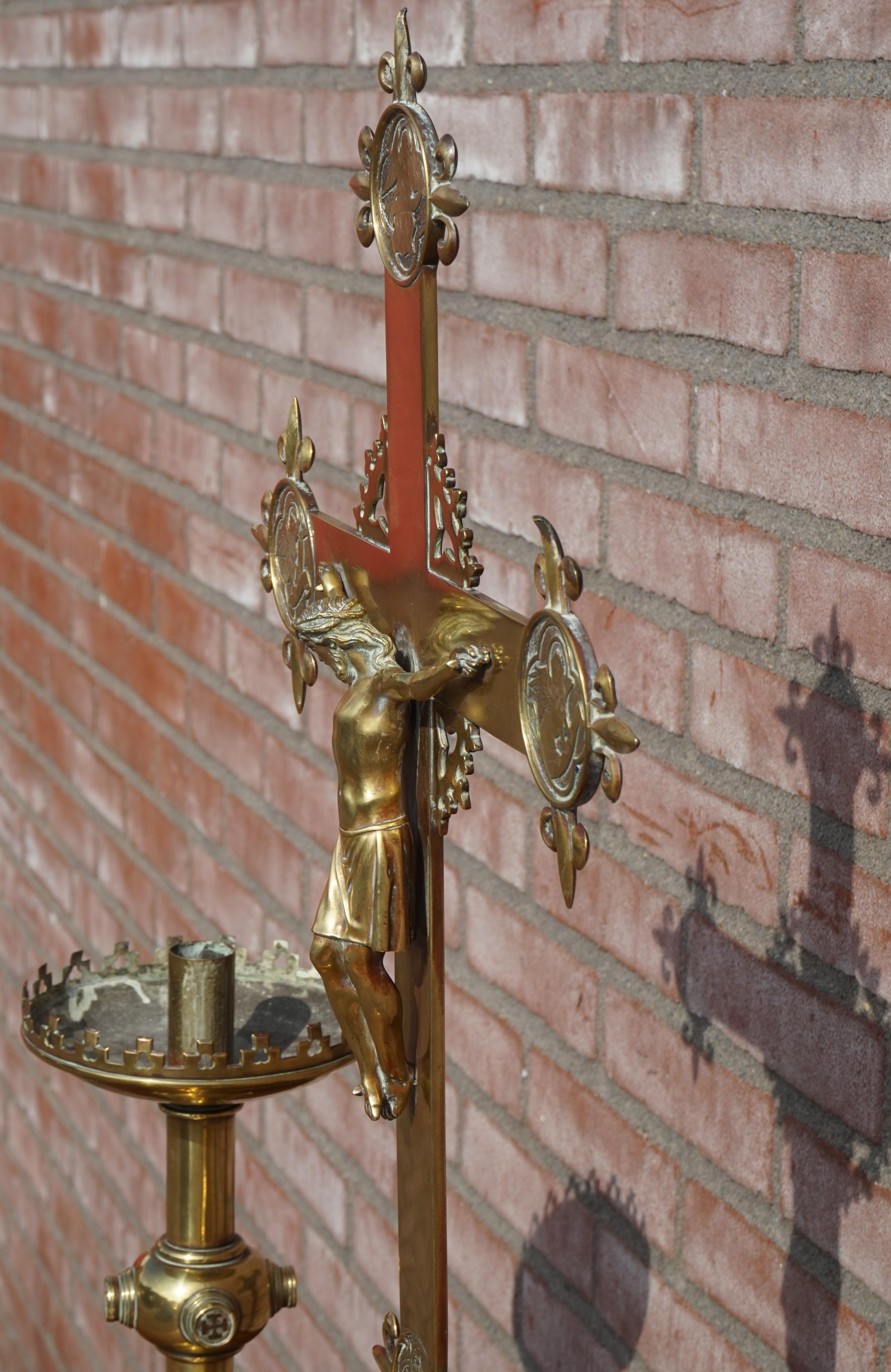 Antique Gothic Revival Brass Crucifix w. Bronze Corpus & Matching Candle Sticks 10