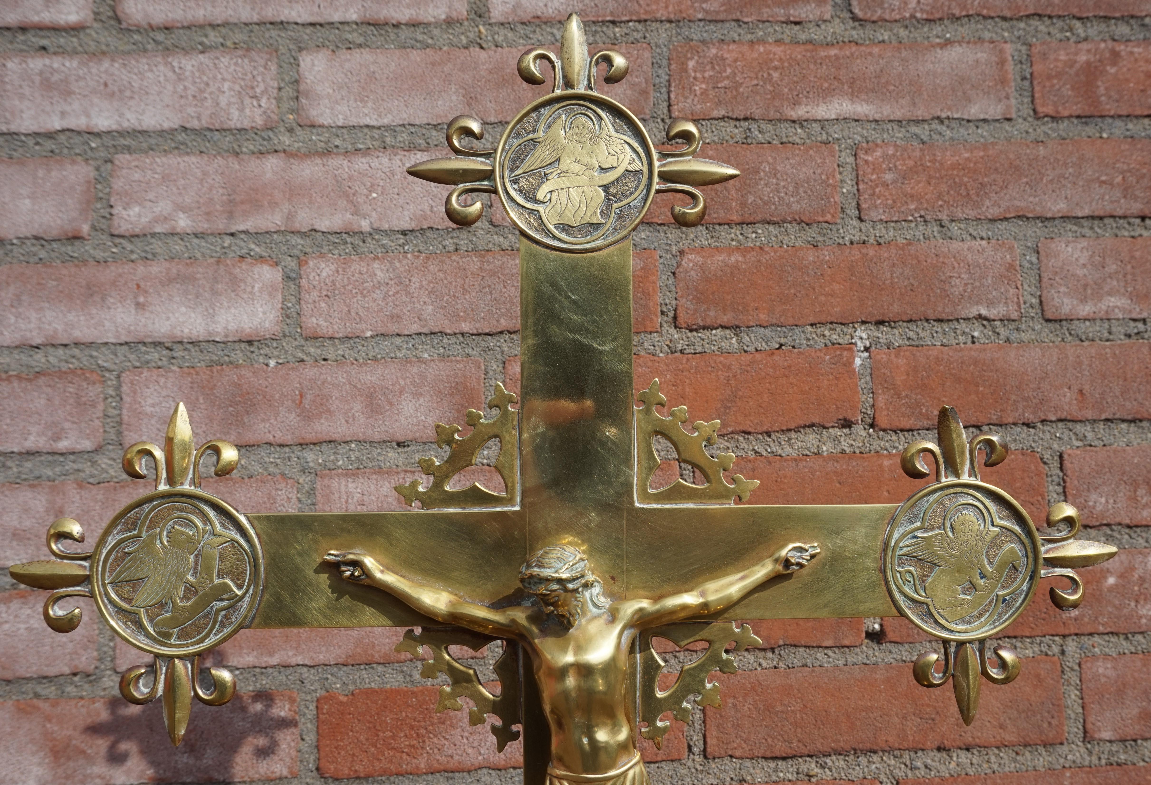 Antique Gothic Revival Brass Crucifix w. Bronze Corpus & Matching Candle Sticks 11