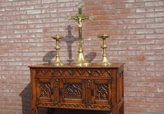 Antique Gothic Revival Brass Crucifix w. Bronze Corpus & Matching Candle Sticks