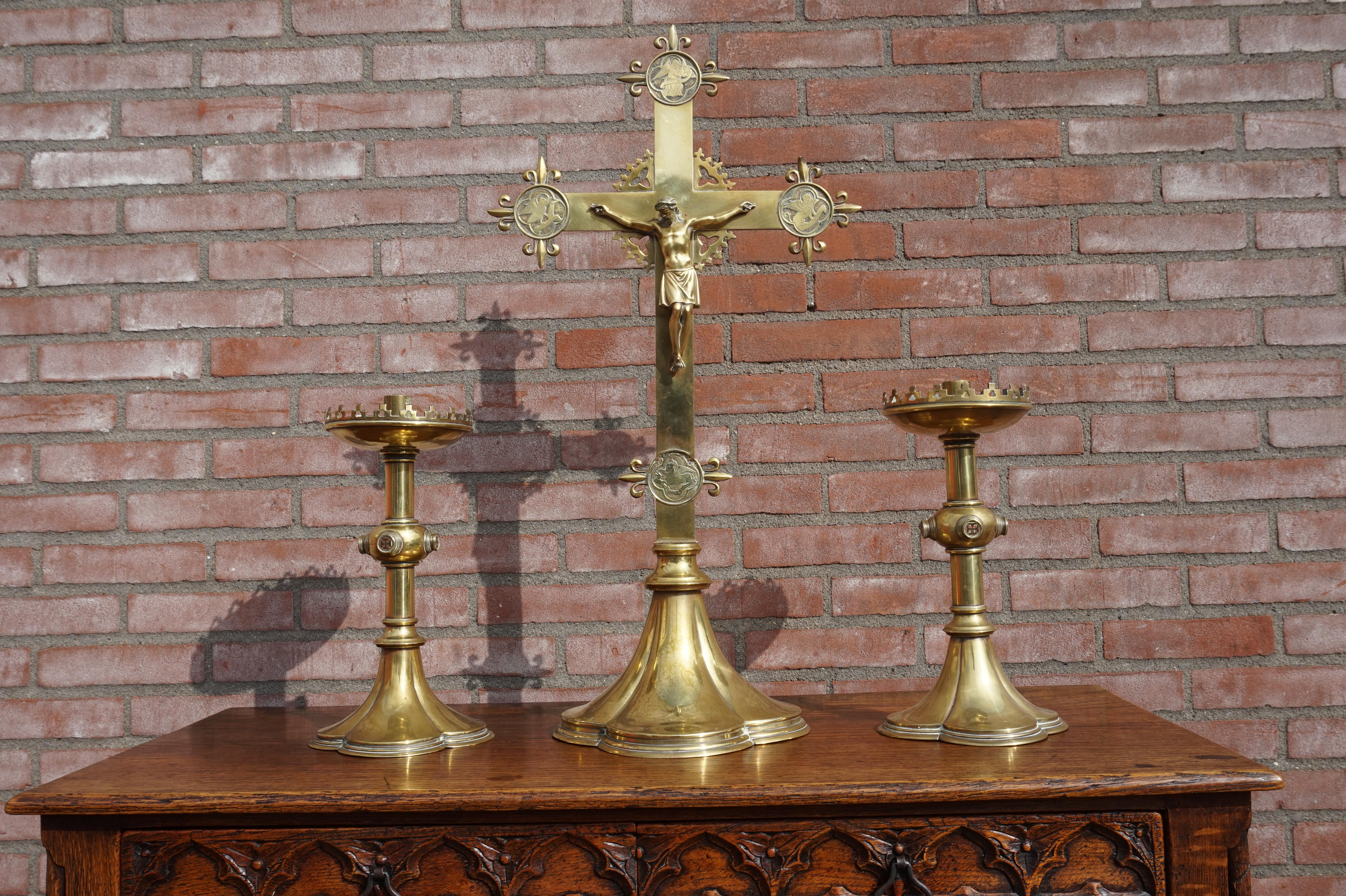 Antique Gothic Revival Brass Crucifix w. Bronze Corpus & Matching Candle Sticks 13