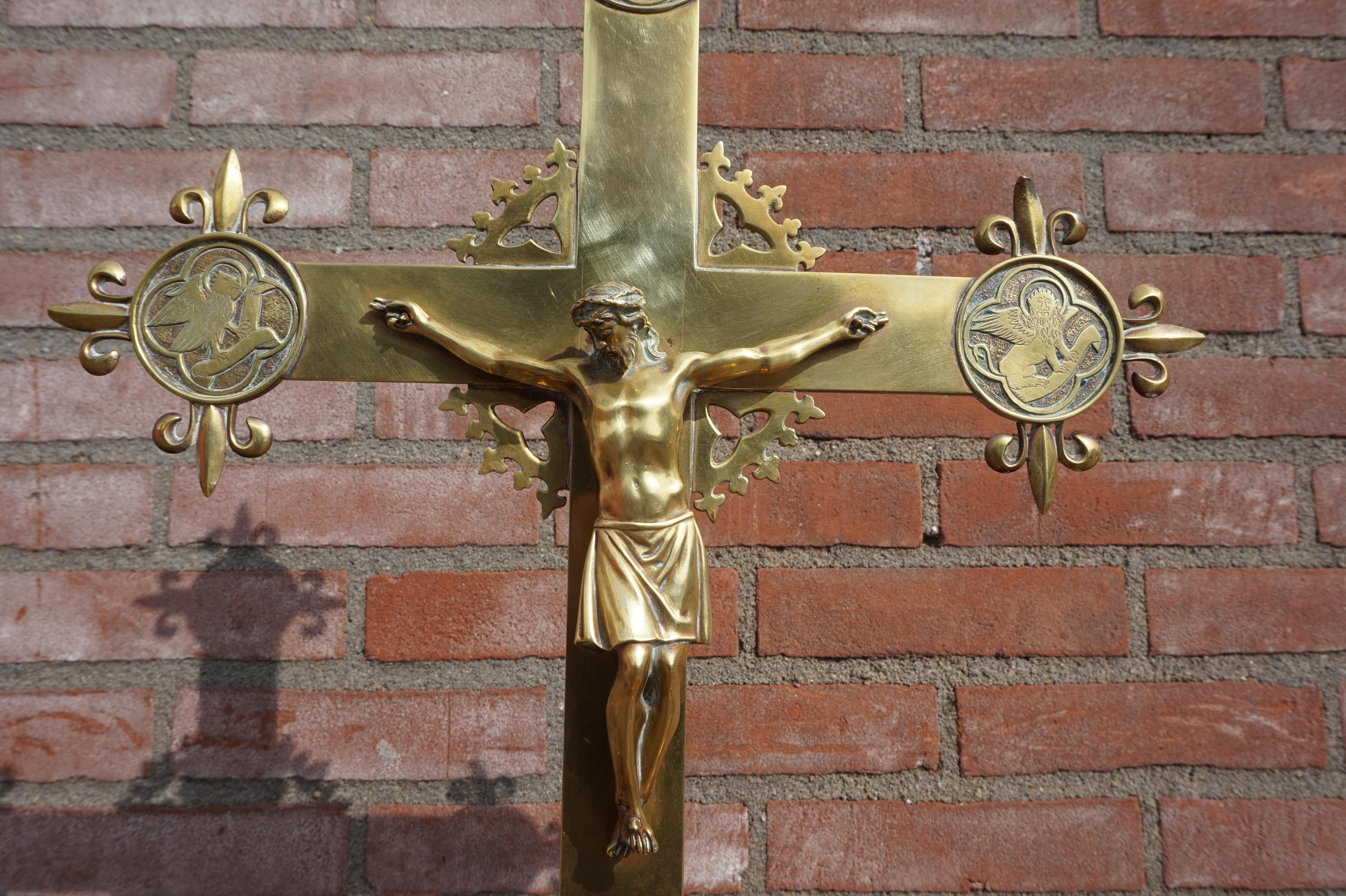 Cast Antique Gothic Revival Brass Crucifix w. Bronze Corpus & Matching Candle Sticks