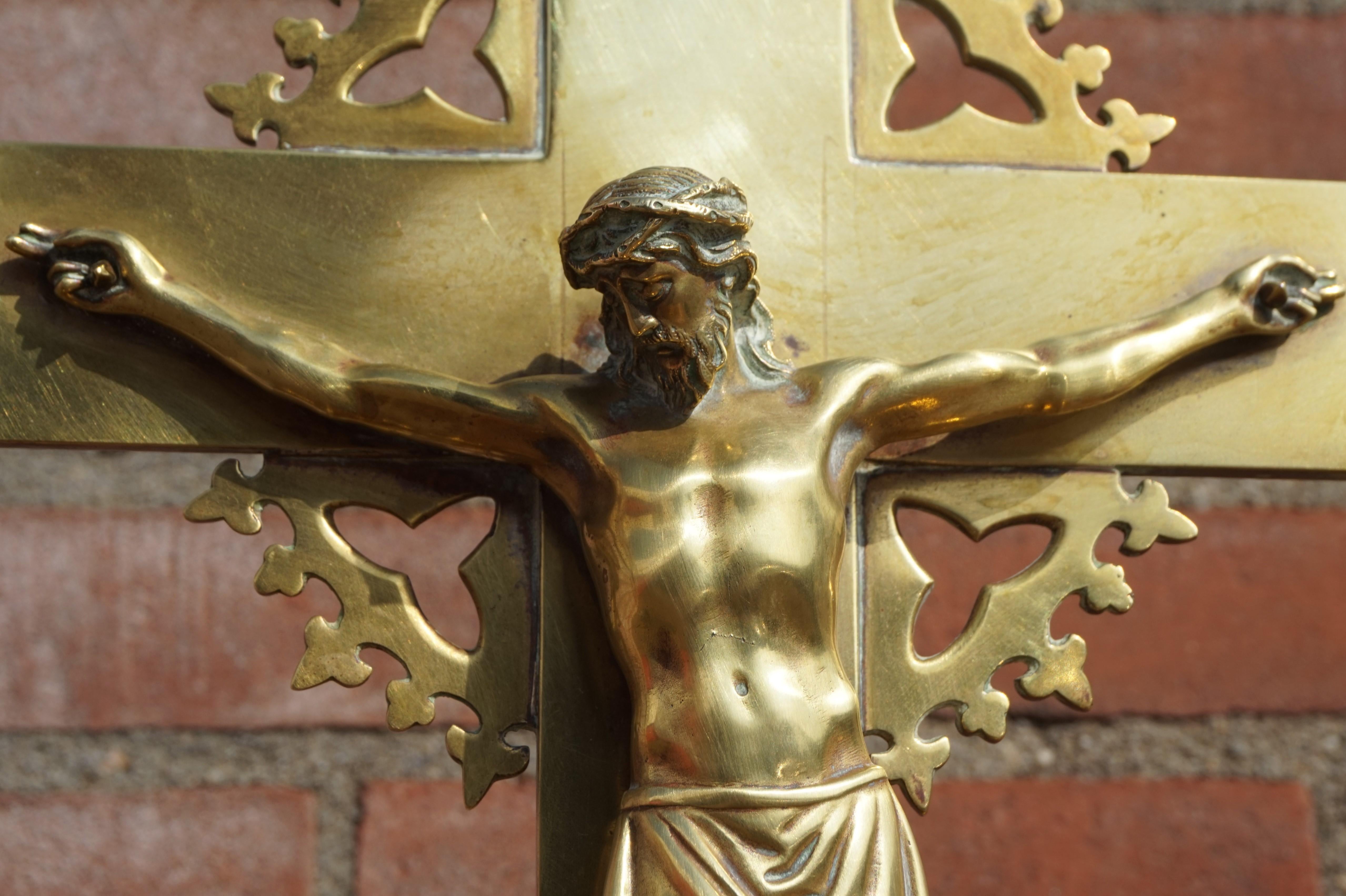 20th Century Antique Gothic Revival Brass Crucifix w. Bronze Corpus & Matching Candle Sticks
