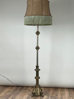 Antique Gothic Revival Brass Floor Lamp with Jeweled Base c. Early 20th Century