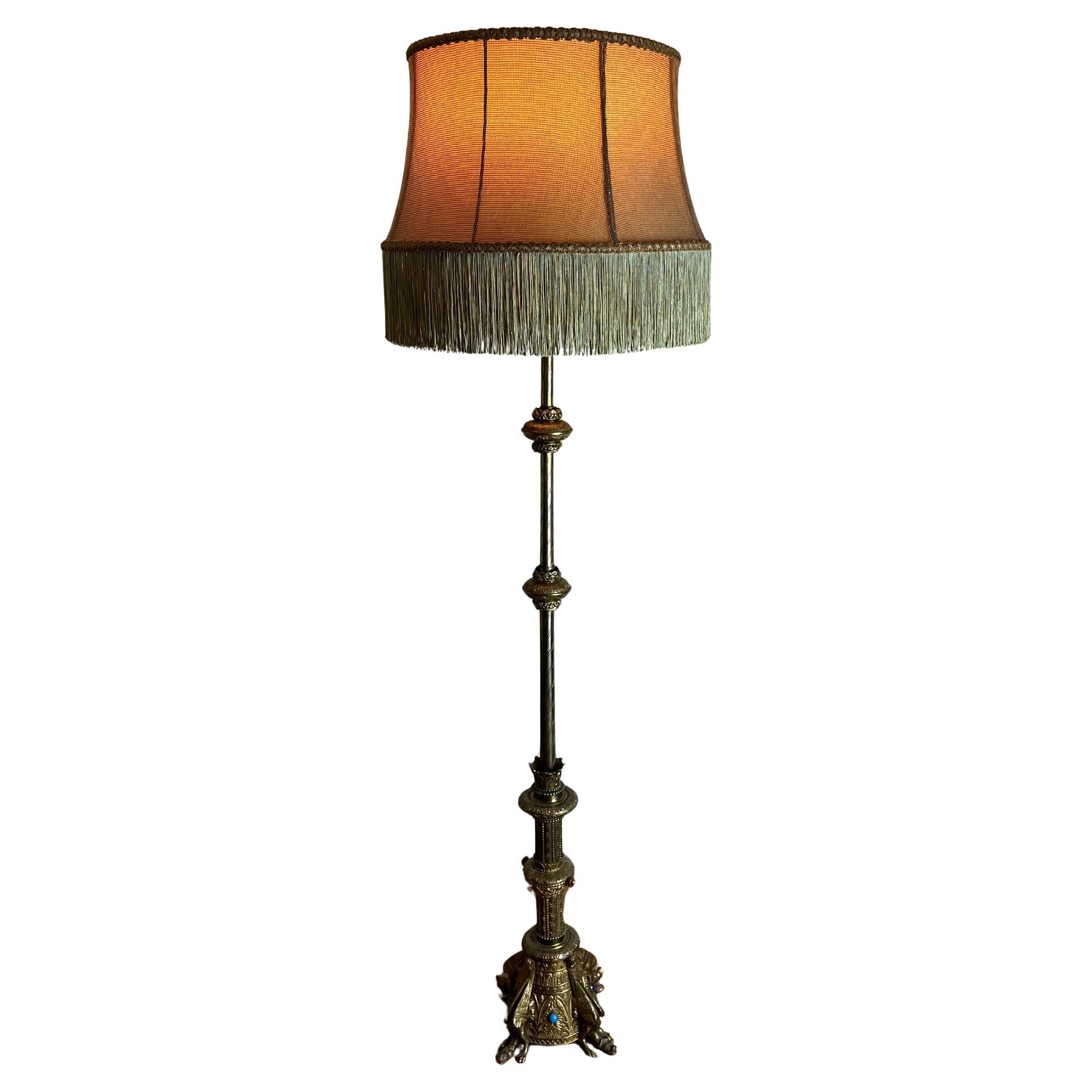 Antique Gothic Revival Brass Floor Lamp with Jeweled Base c. Early 20th Century