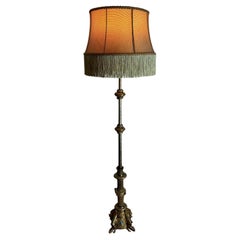 Antique Gothic Revival Brass Floor Lamp with Jeweled Base c. Early 20th Century