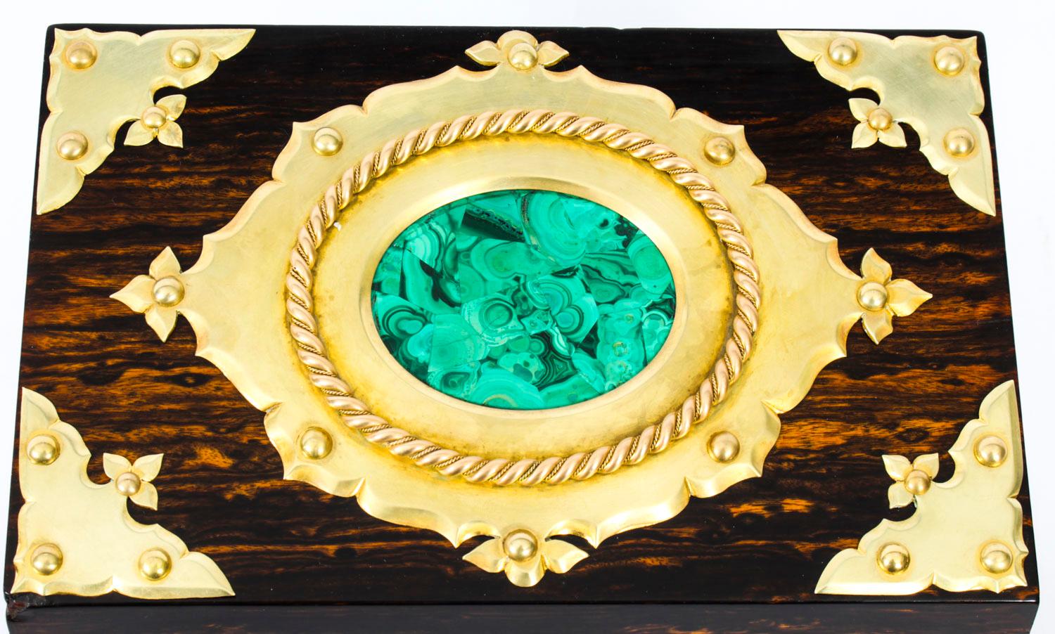 Gilt Antique Gothic Revival Brass Inset Malachite Coromandel Casket, 19th Century