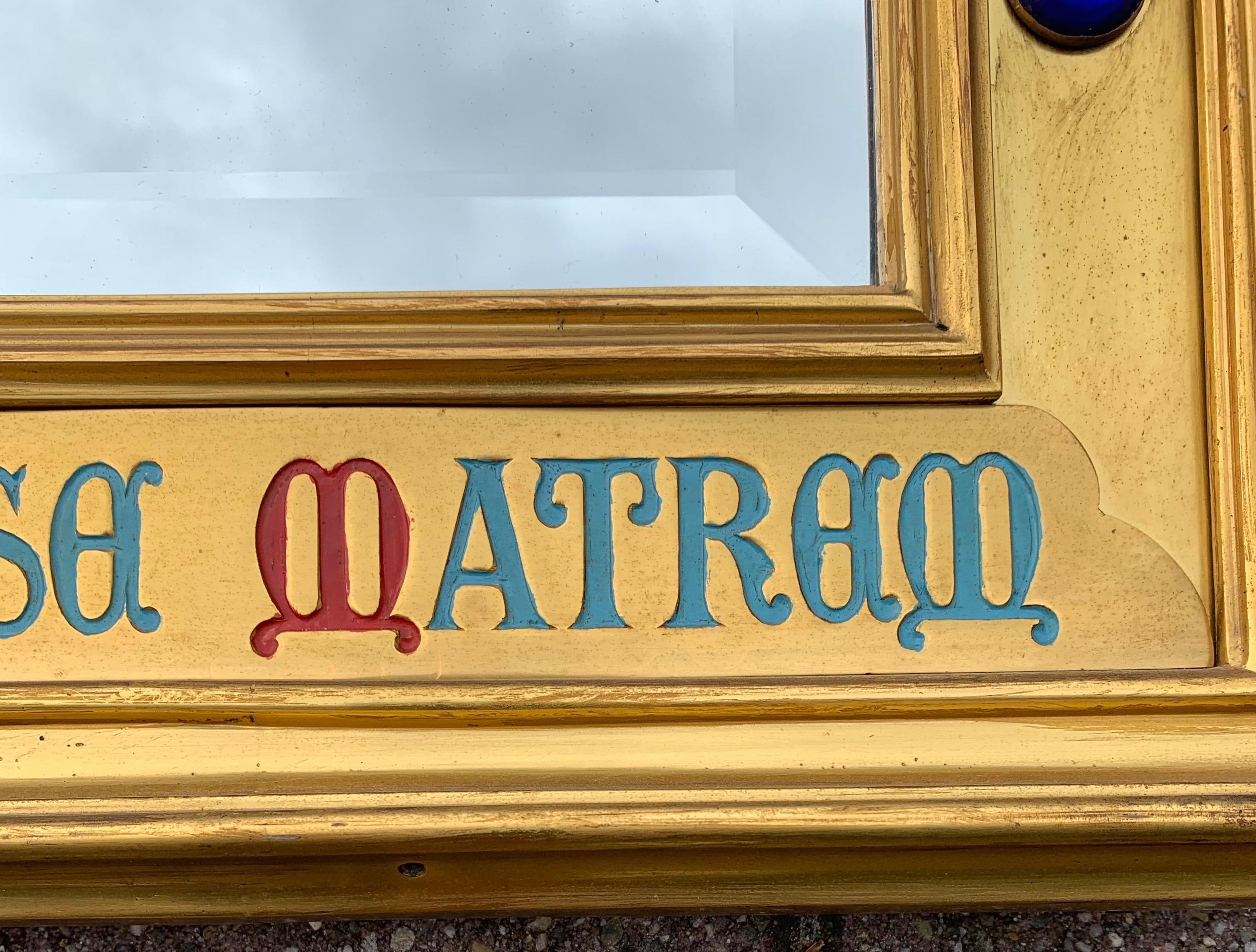 Gothic Revival Gilt Brass on Wood Wall Mirror with Glass Stones and Latin Phrase For Sale 3