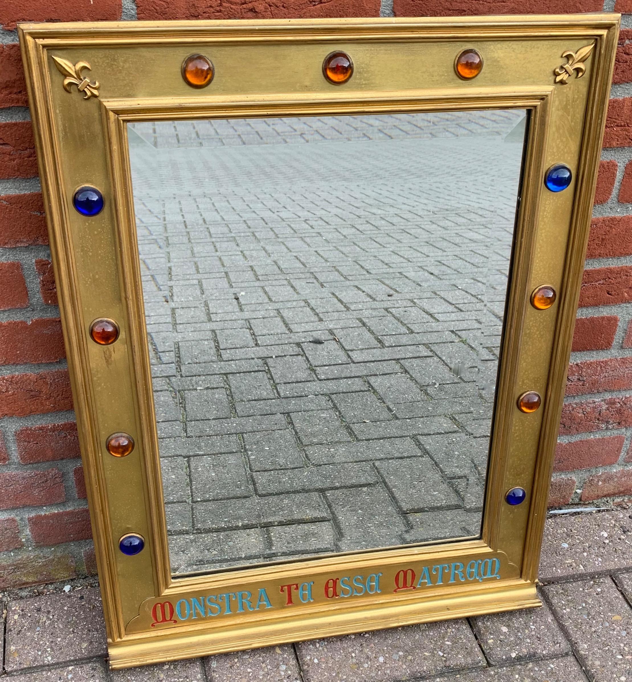 Gothic Revival Gilt Brass on Wood Wall Mirror with Glass Stones and Latin Phrase For Sale 4