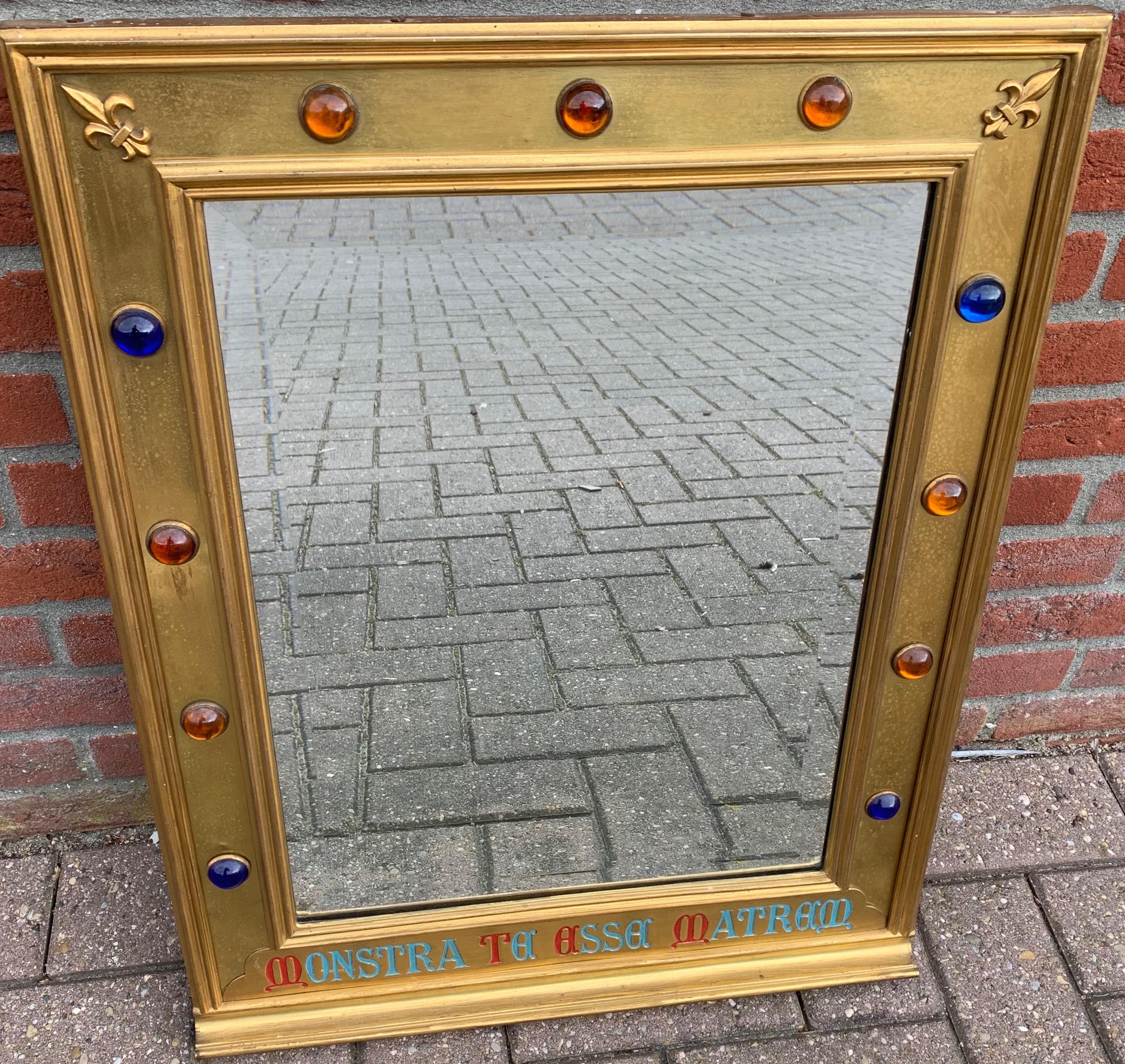 Gothic Revival Gilt Brass on Wood Wall Mirror with Glass Stones and Latin Phrase For Sale 6