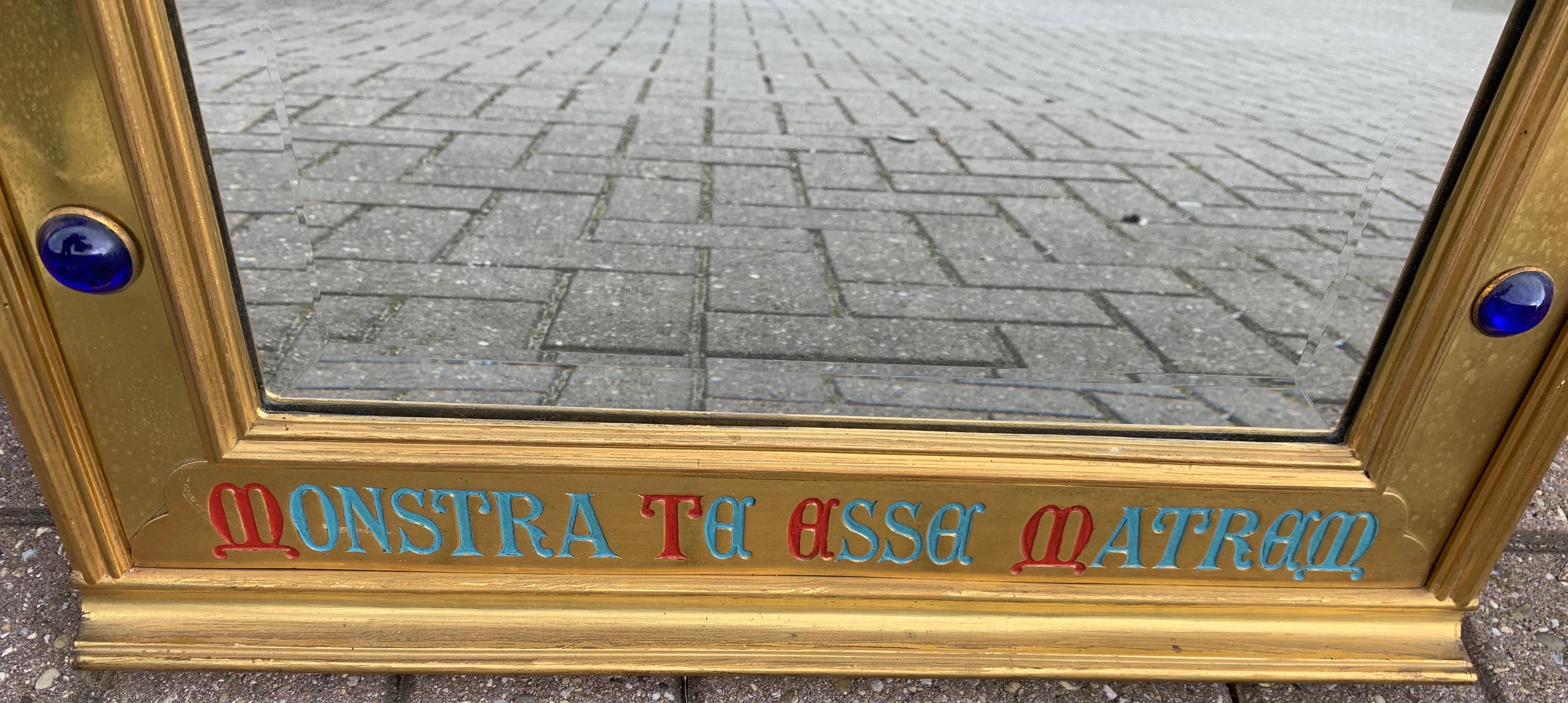 Gothic Revival Gilt Brass on Wood Wall Mirror with Glass Stones and Latin Phrase For Sale 8