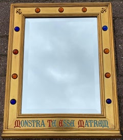 Gothic Revival Gilt Brass on Wood Wall Mirror with Glass Stones and Latin Phrase
