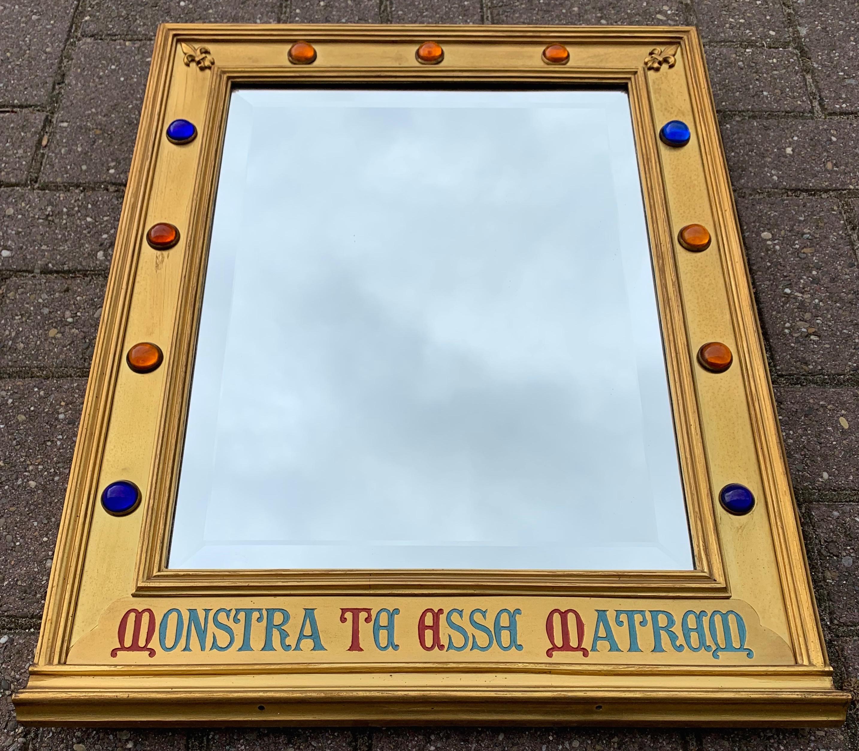 Hand-Crafted Gothic Revival Gilt Brass on Wood Wall Mirror with Glass Stones and Latin Phrase For Sale