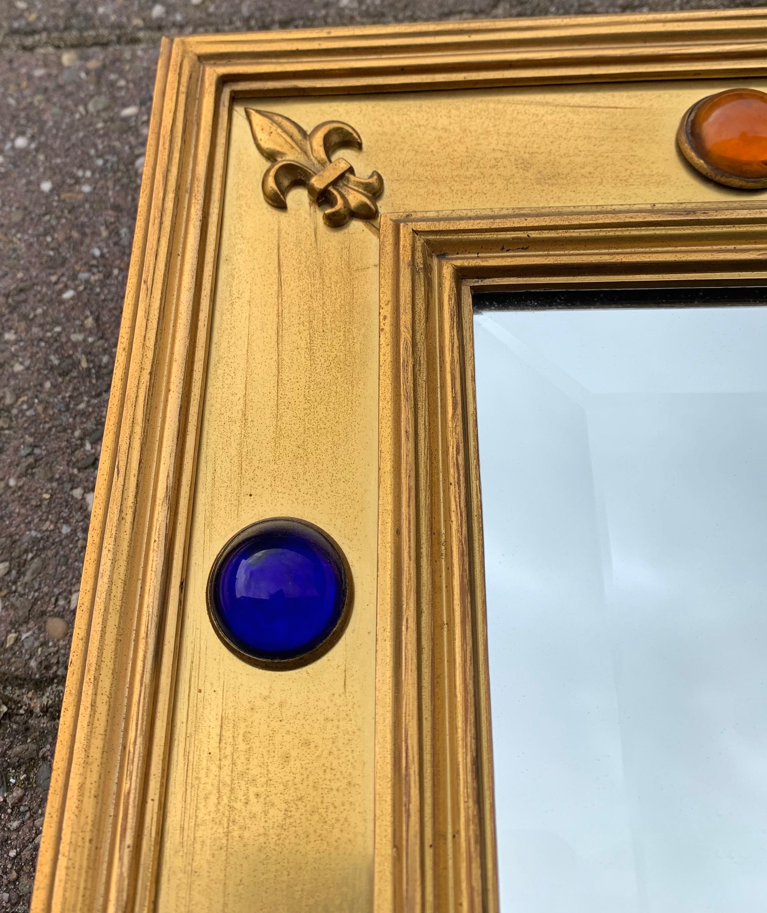 19th Century Gothic Revival Gilt Brass on Wood Wall Mirror with Glass Stones and Latin Phrase For Sale
