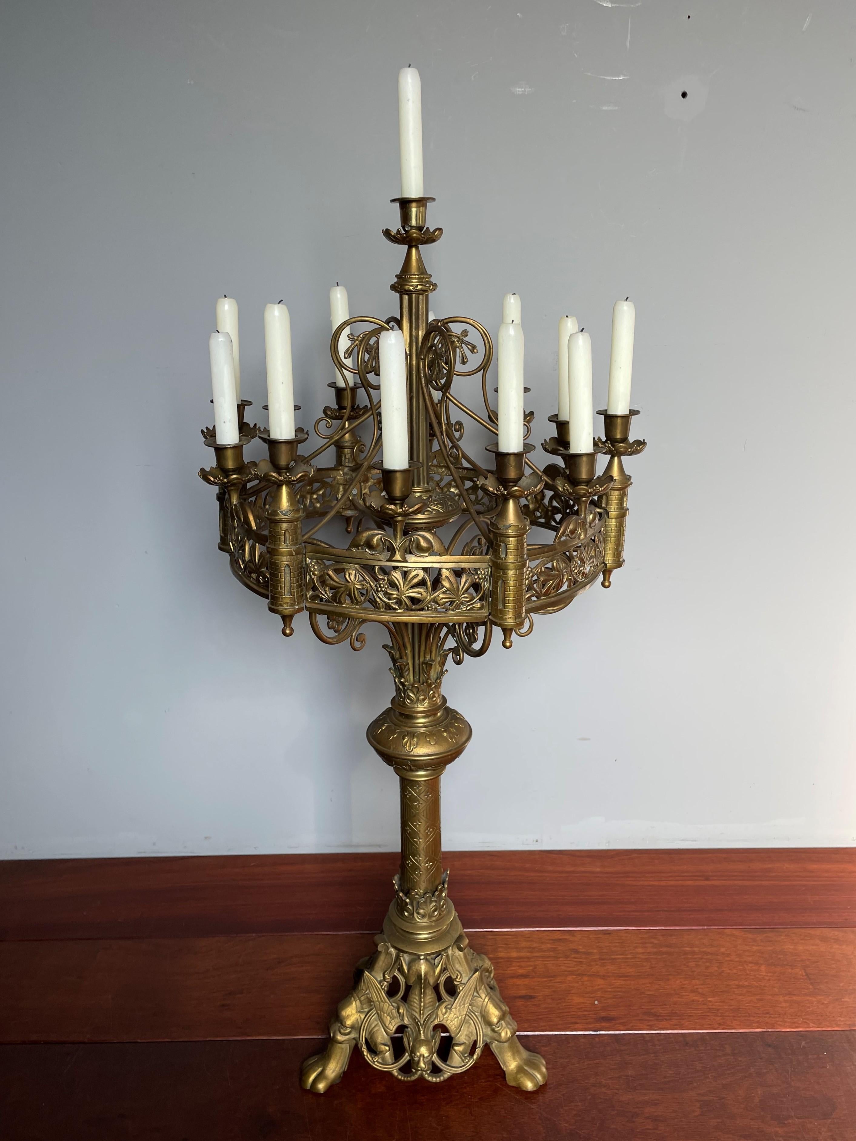 20th Century Antique Gothic Revival Bronze 13 Candle Table or Floor Candelabra with Gargoyles For Sale