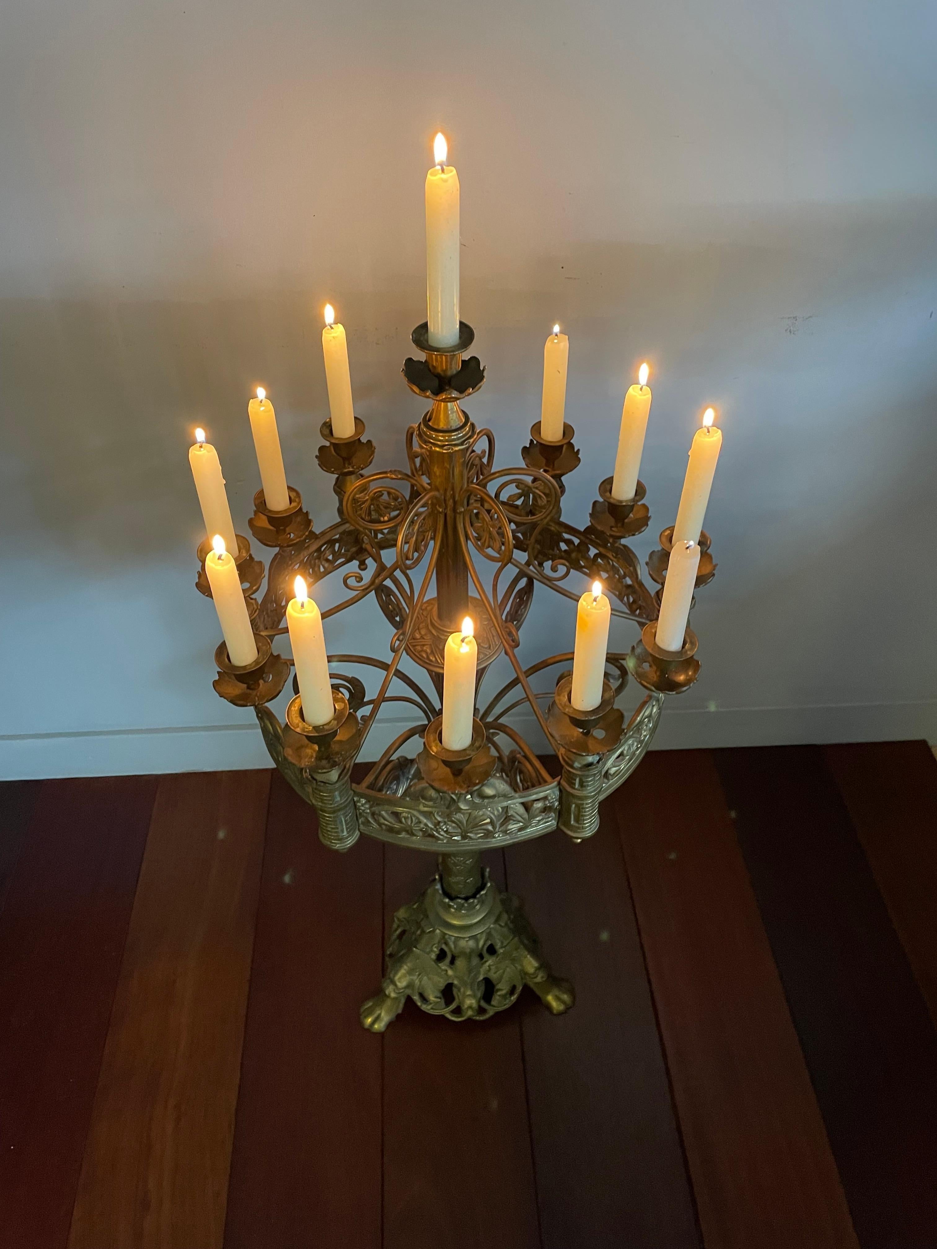 Antique Gothic Revival Bronze 13 Candle Table or Floor Candelabra with Gargoyles For Sale 10
