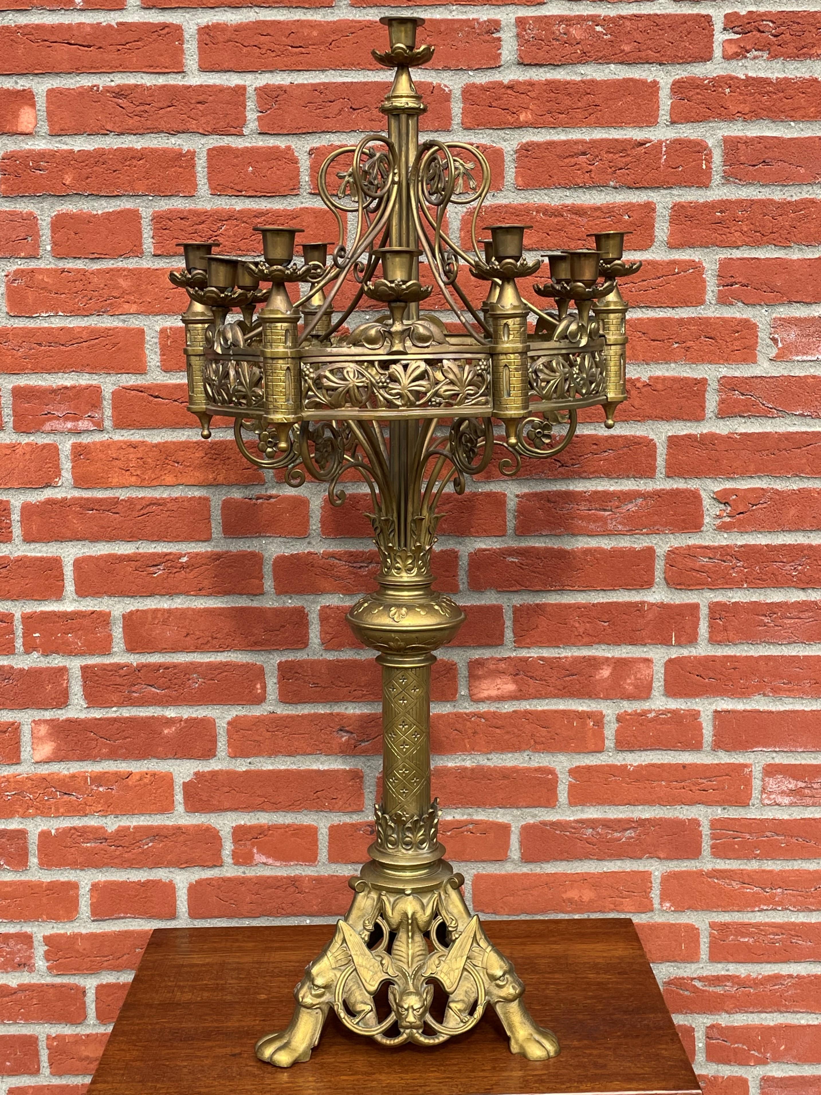 Antique Gothic Revival Bronze 13 Candle Table or Floor Candelabra with Gargoyles For Sale 7