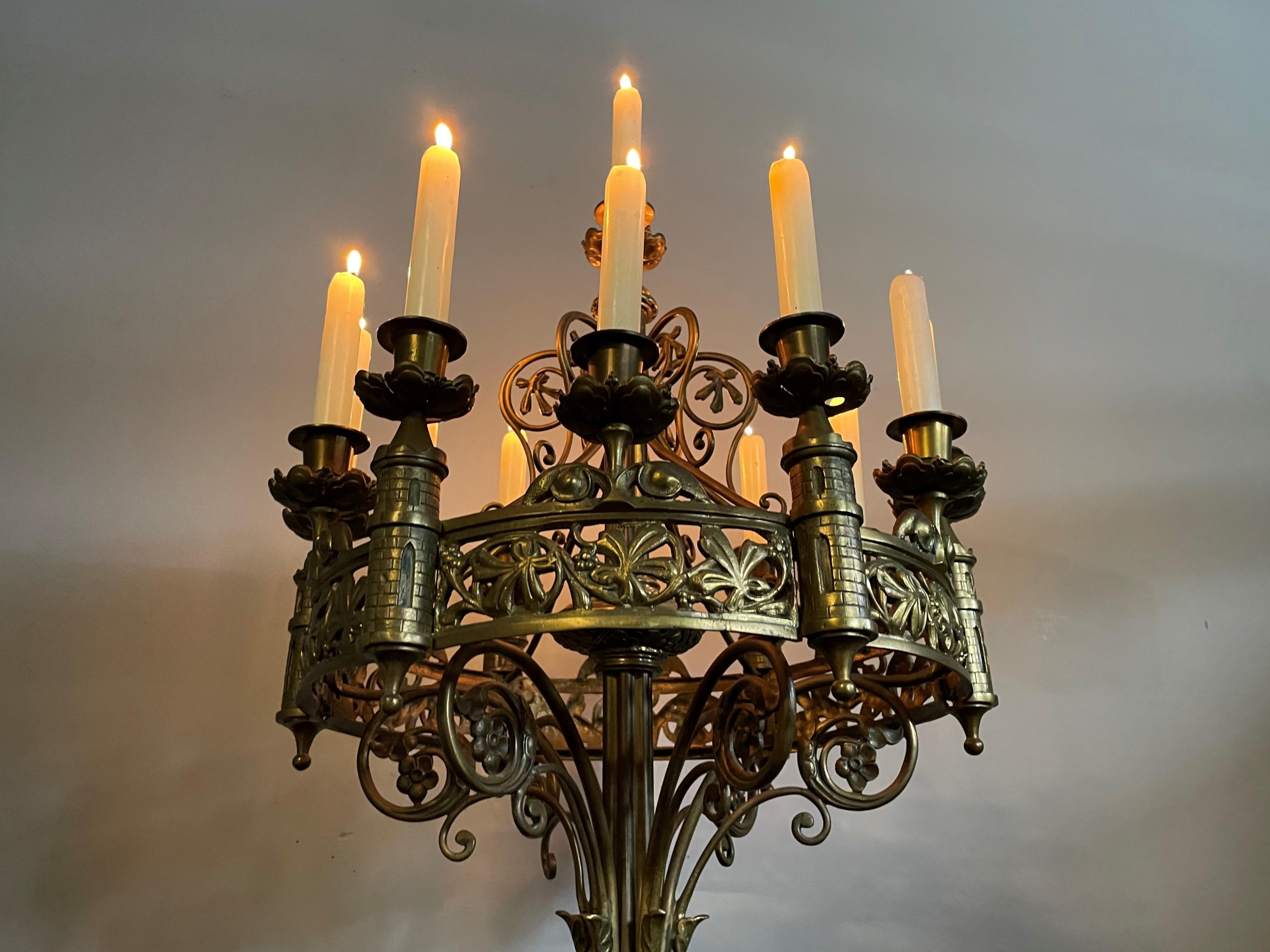 Antique Gothic Revival Bronze 13 Candle Table or Floor Candelabra with Gargoyles For Sale 2