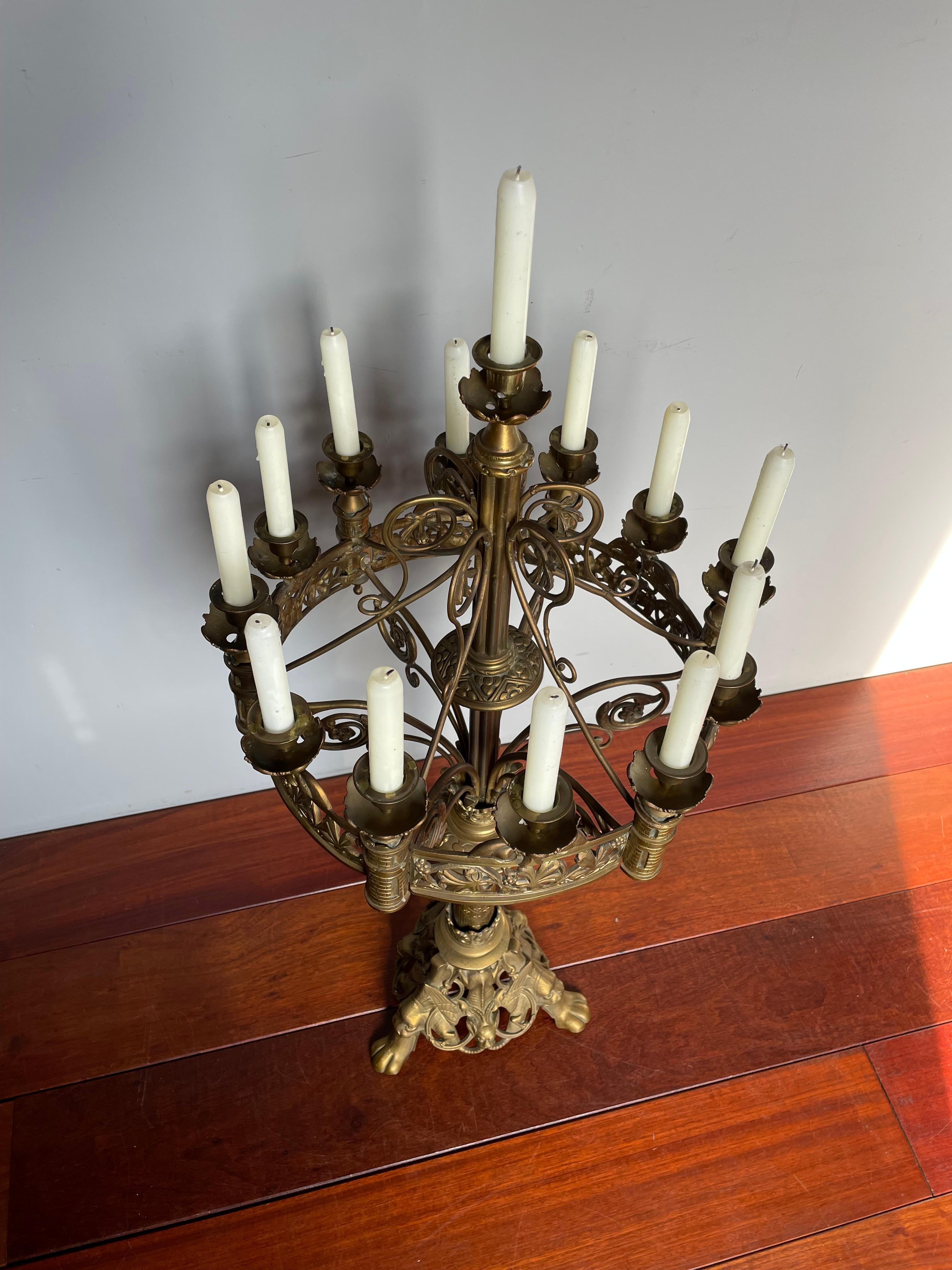 Antique Gothic Revival Bronze 13 Candle Table or Floor Candelabra with Gargoyles For Sale 11