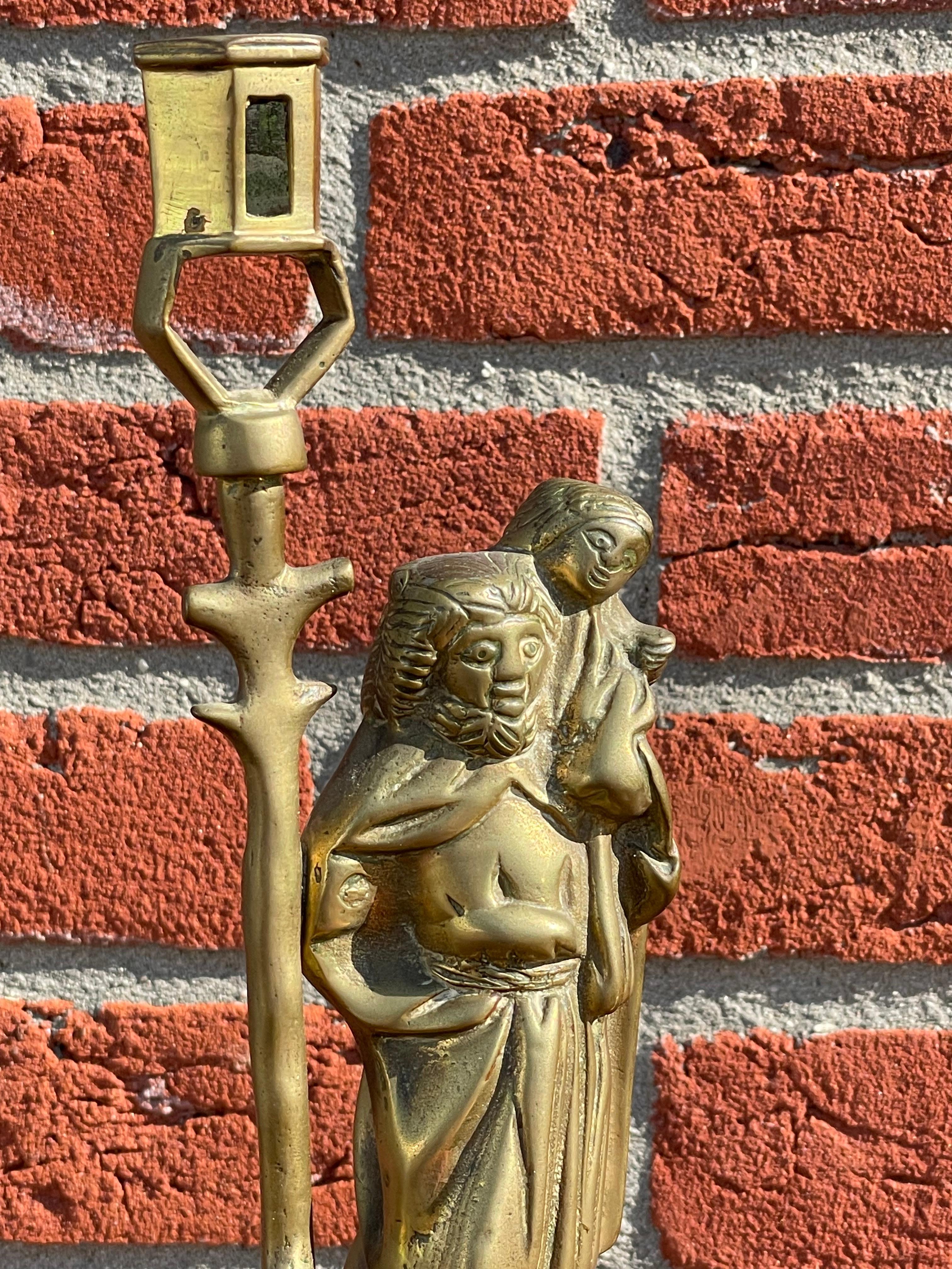 Antique Gothic Revival Bronze Candle Holder w. Saint Christopher & Child Jesus For Sale 4
