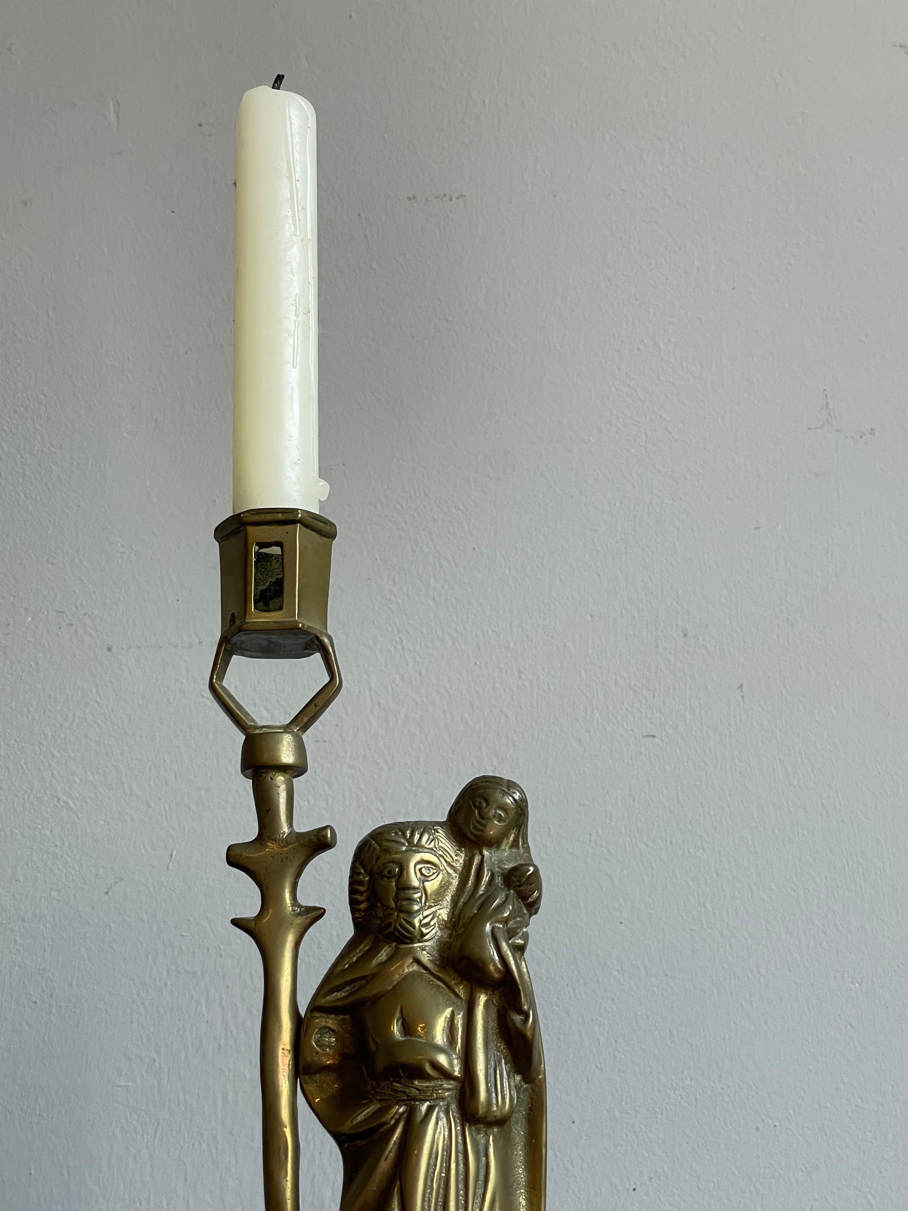 Antique Gothic Revival Bronze Candle Holder w. Saint Christopher & Child Jesus For Sale 6