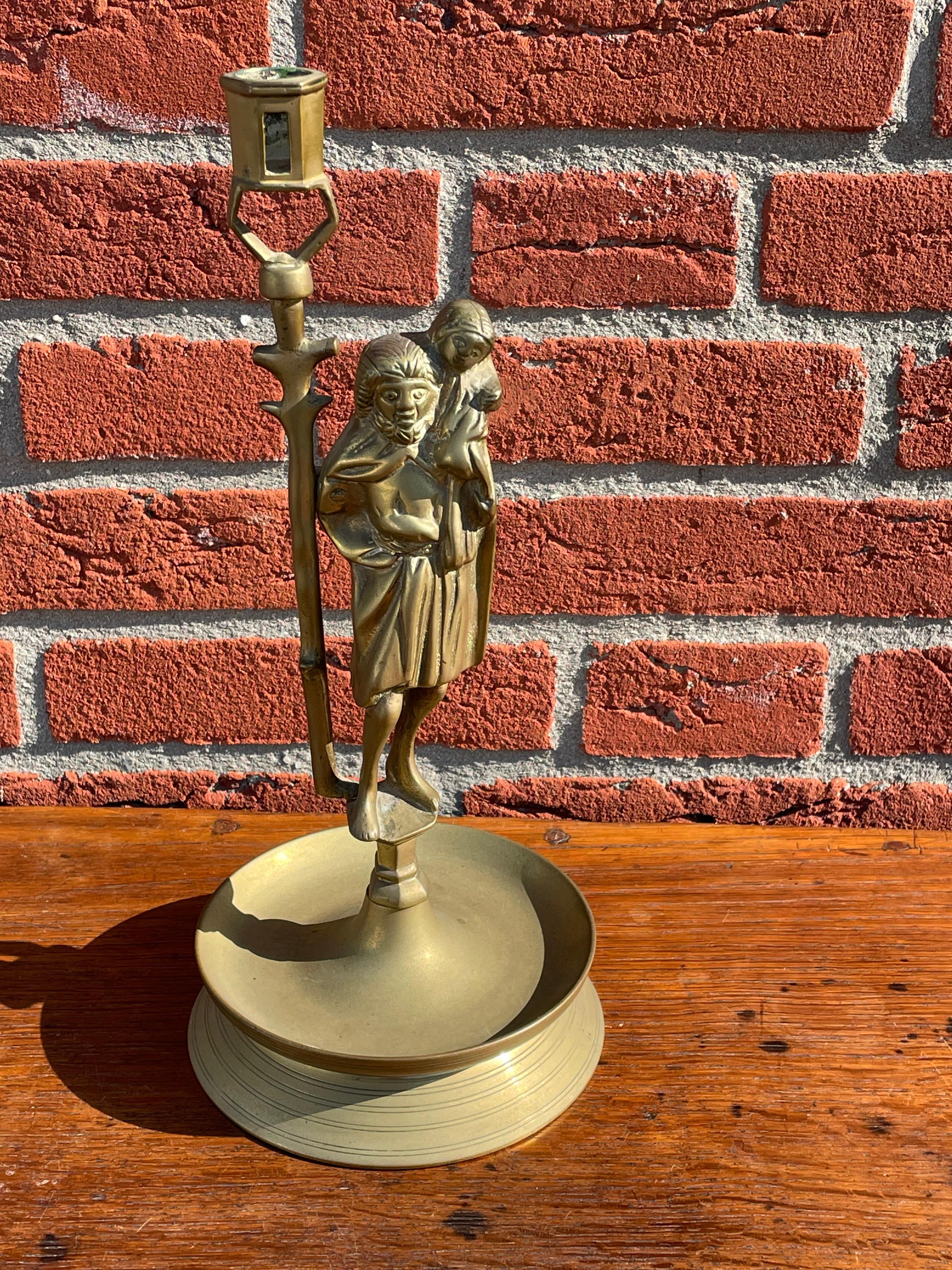 Antique Gothic Revival Bronze Candle Holder w. Saint Christopher & Child Jesus For Sale 7