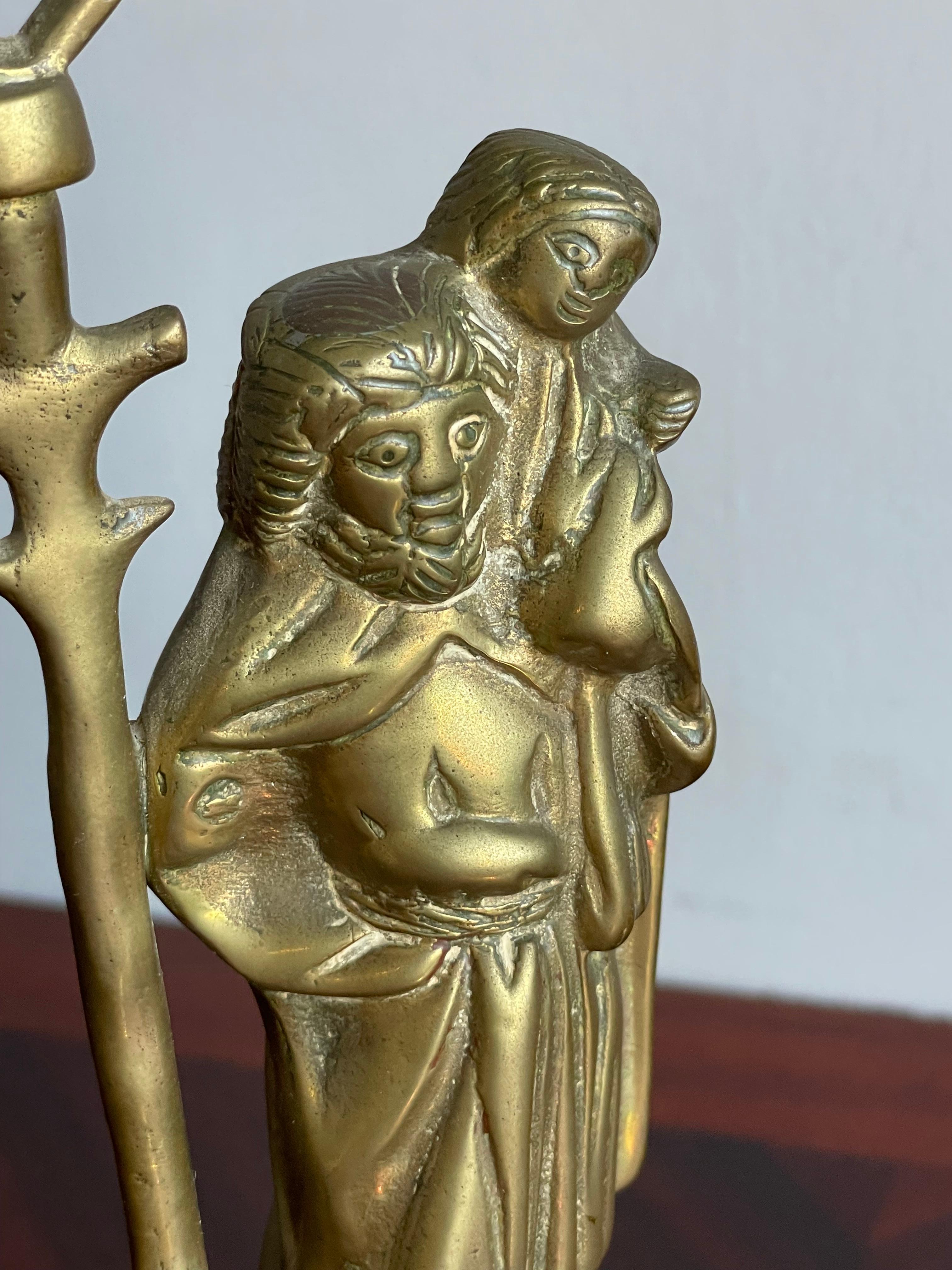 Antique Gothic Revival Bronze Candle Holder w. Saint Christopher & Child Jesus For Sale 11