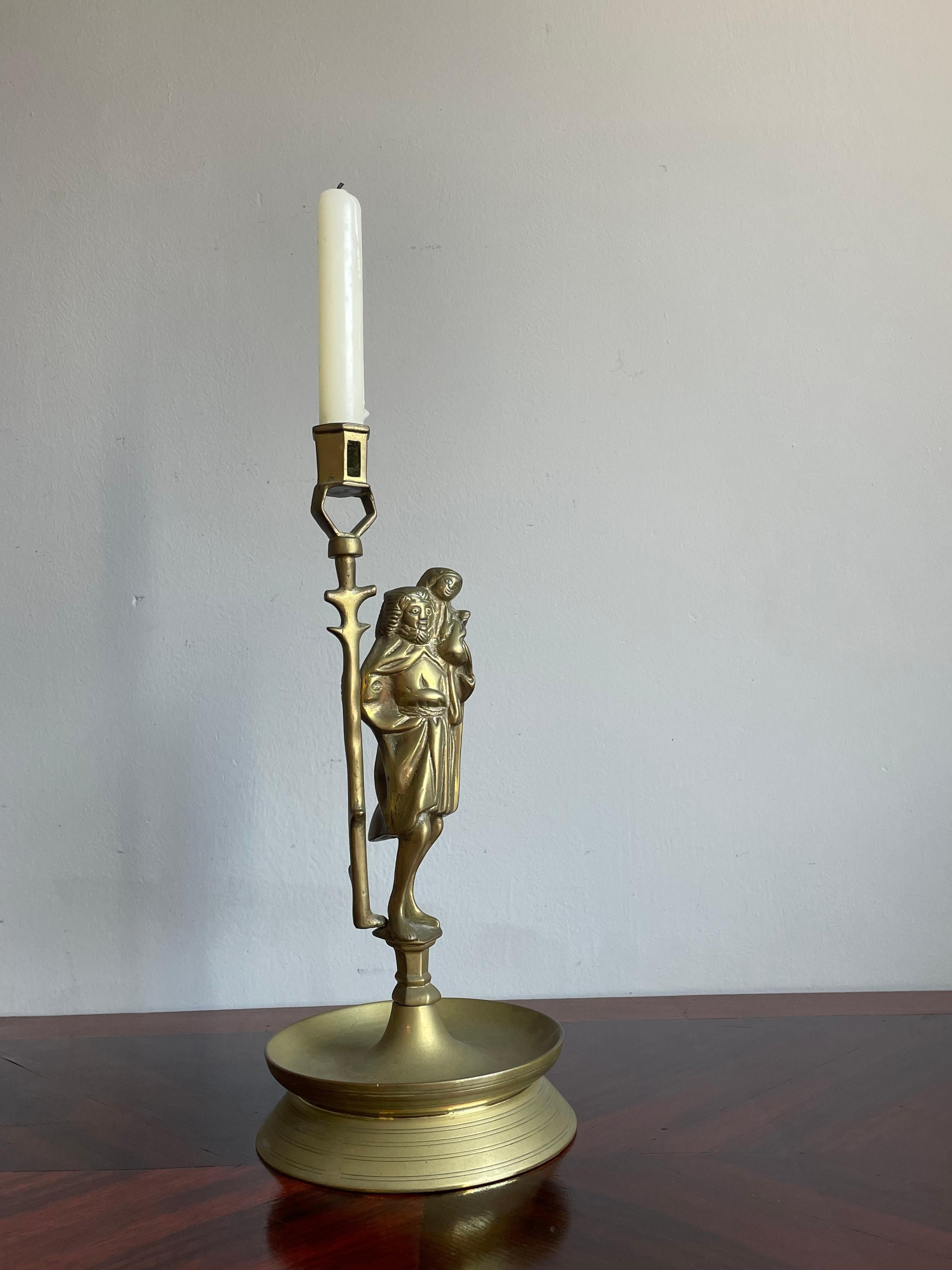 Antique Gothic Revival Bronze Candle Holder w. Saint Christopher & Child Jesus For Sale 12