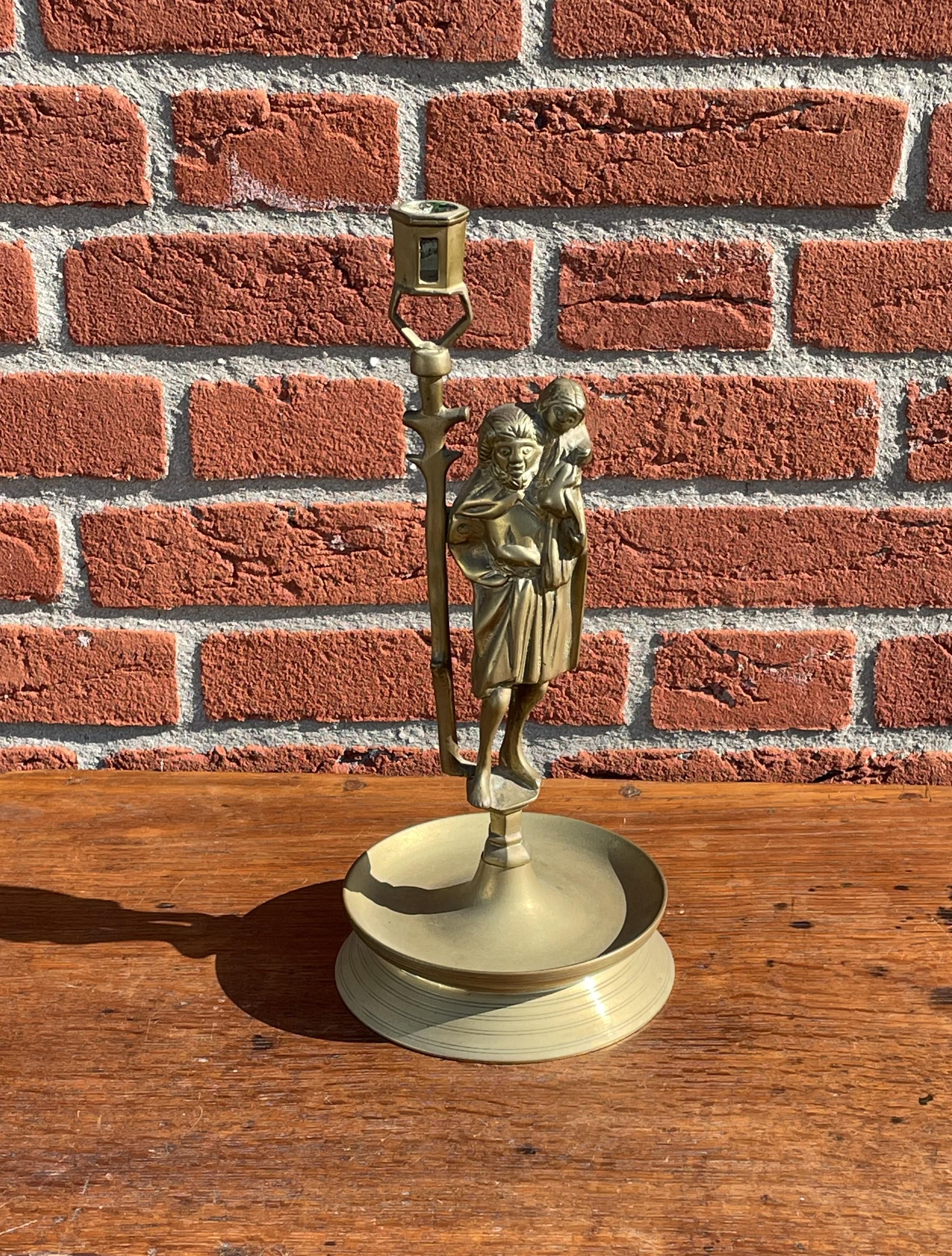 Dutch Antique Gothic Revival Bronze Candle Holder w. Saint Christopher & Child Jesus For Sale