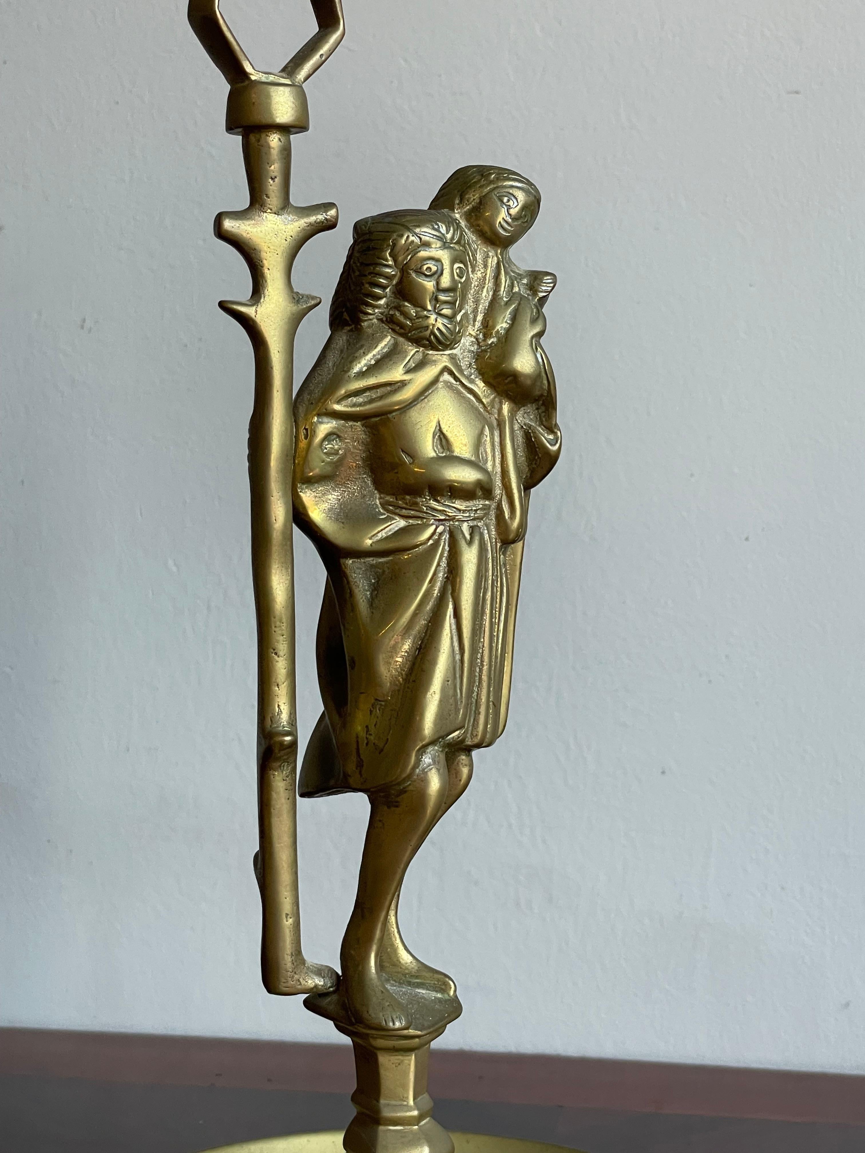Cast Antique Gothic Revival Bronze Candle Holder w. Saint Christopher & Child Jesus For Sale