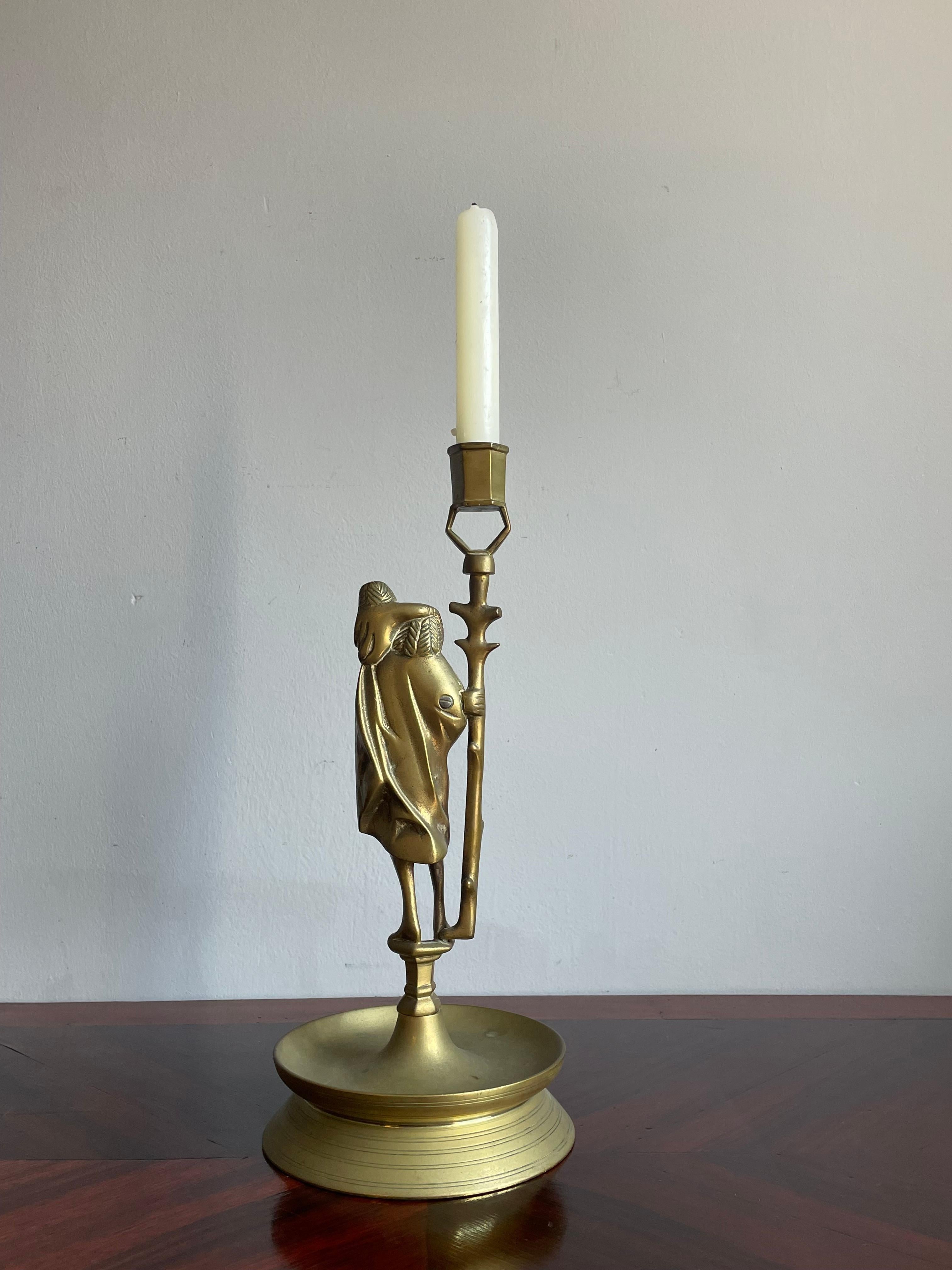 Antique Gothic Revival Bronze Candle Holder w. Saint Christopher & Child Jesus For Sale 1