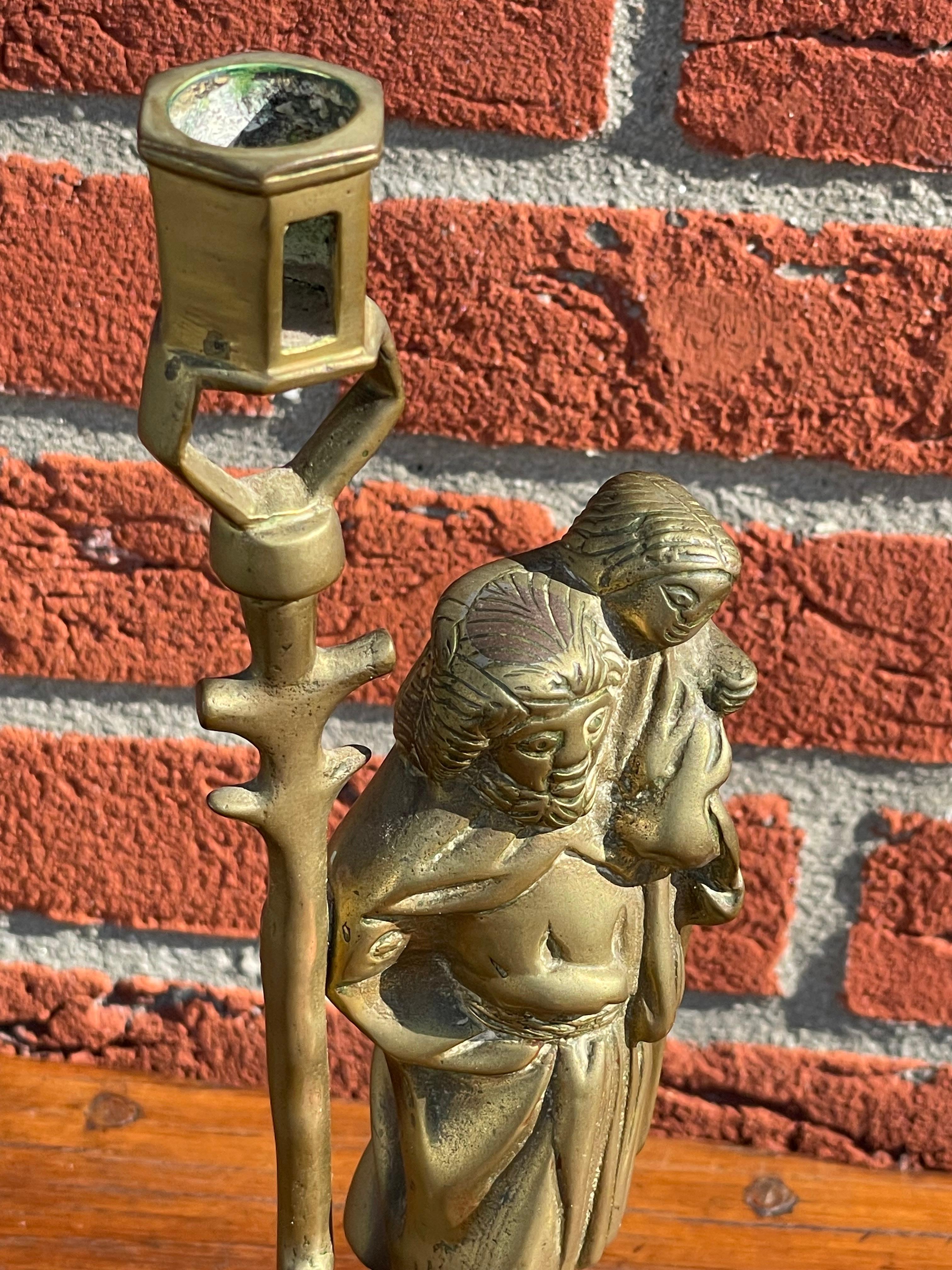 Antique Gothic Revival Bronze Candle Holder w. Saint Christopher & Child Jesus For Sale 2