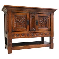 Antique Gothic Revival Cabinet / Sideboard 1920s Carved Tiger Oak Small Size