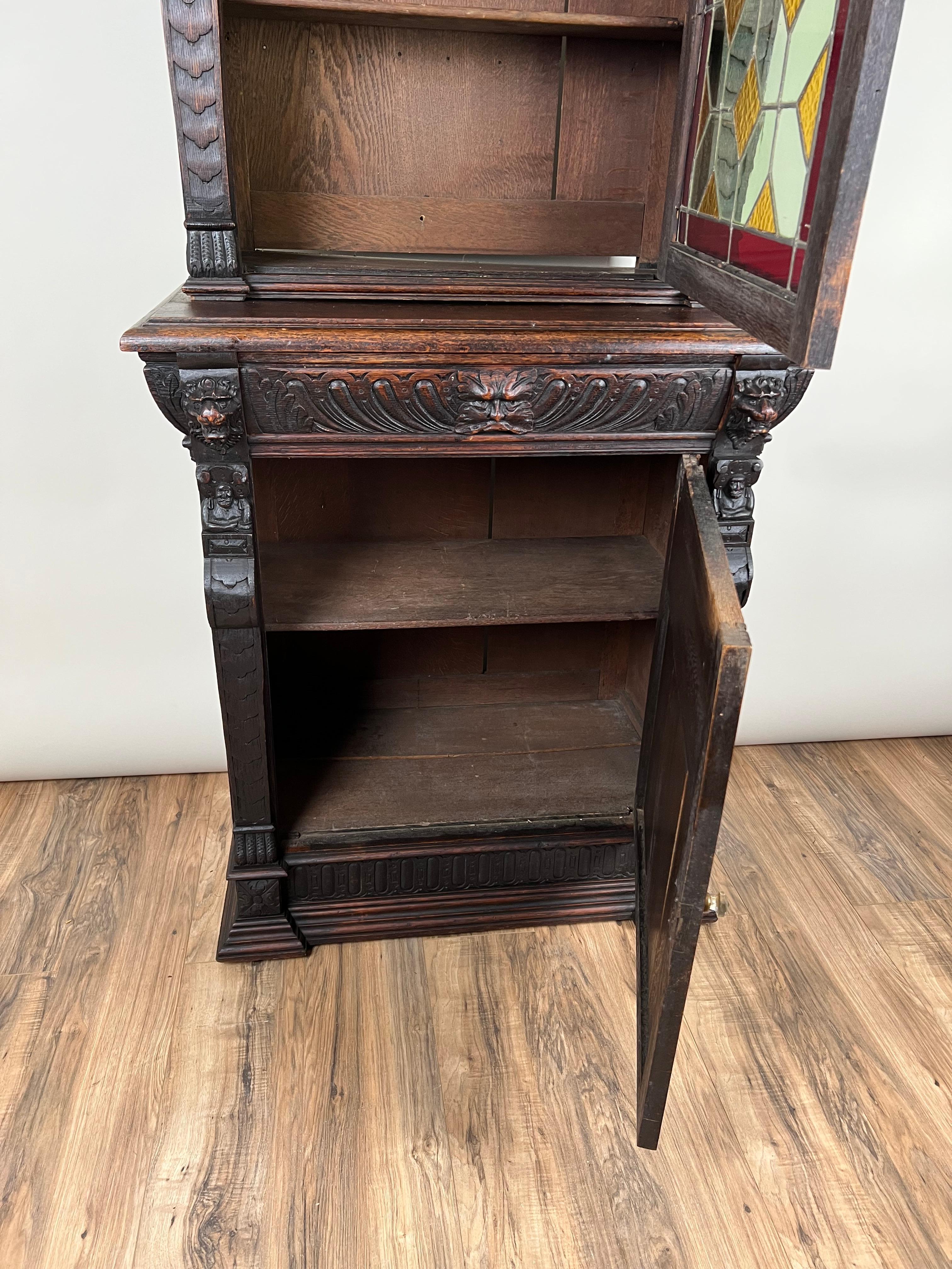 Antique Gothic Revival Carved Oak Green Man Cabinet c. Mid 19th Century For Sale 8