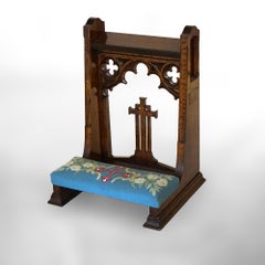 Antique Gothic Revival Carved Oak Kneeling Bench with Needlepoint Seat C1850