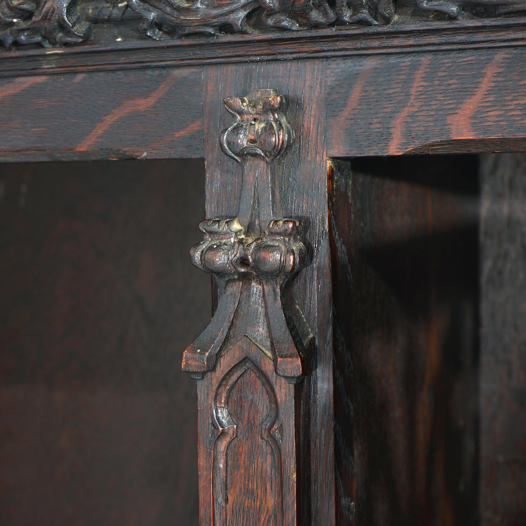 Antique Gothic Revival Carved Oak Three Door Bookcase Circa 1900 13