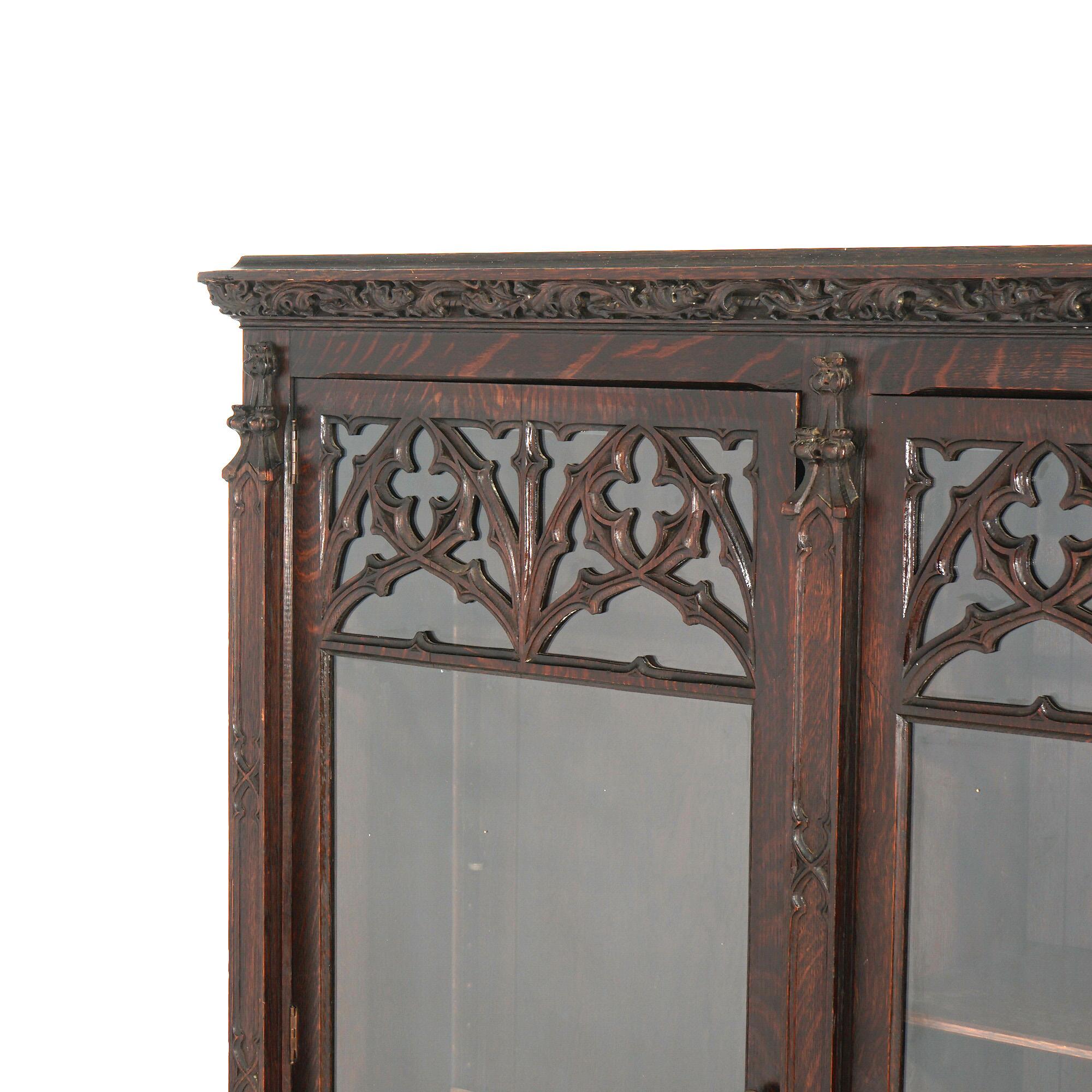 Antique Gothic Revival Carved Oak Three Door Bookcase Circa 1900 1