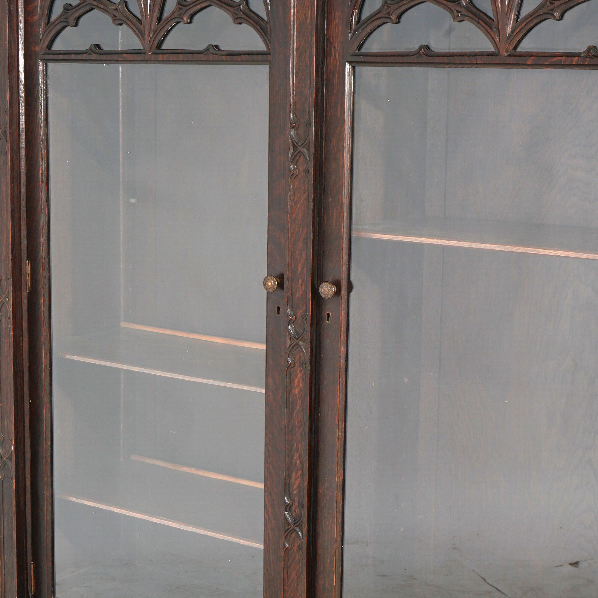Antique Gothic Revival Carved Oak Three Door Bookcase Circa 1900 3