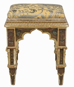 Antique Gothic Revival Carved Polychrome Painted & Upholstered Stool Ottoman