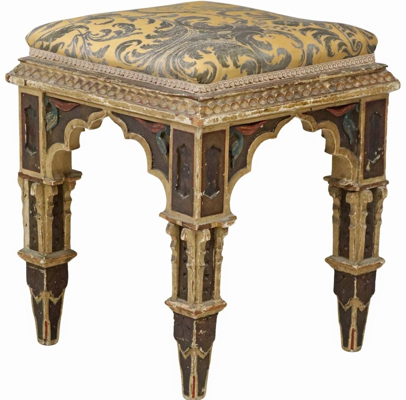 Italian Antique Gothic Revival Carved Polychrome Painted & Upholstered Stool Ottoman For Sale